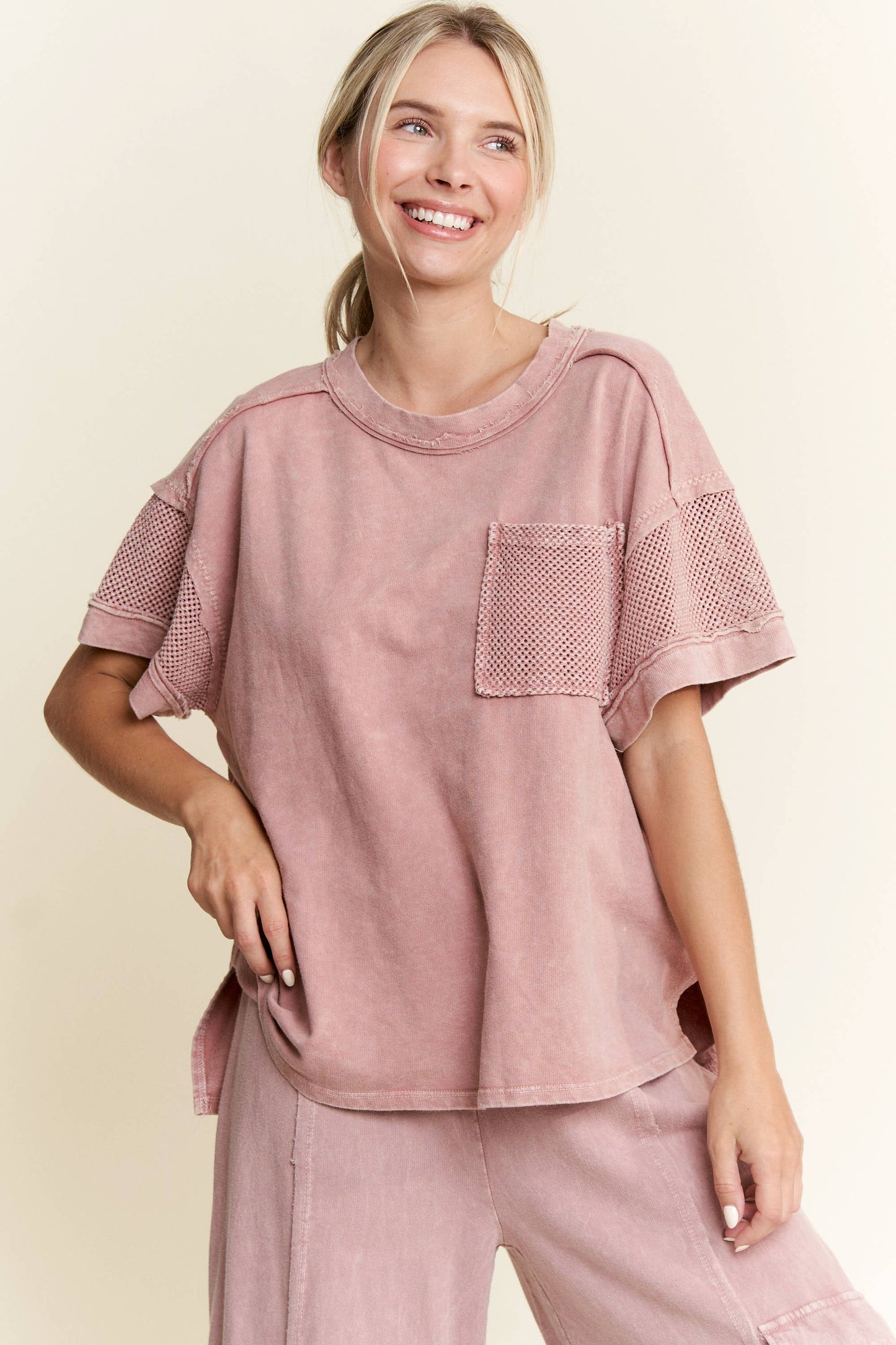 Matilda Mineral Wash Mesh Pocket Sleeve Top ~ Light Mauve