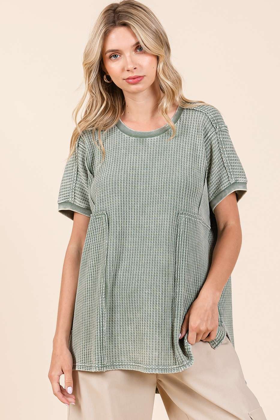 Ella Mineral Wash Waffle Knit Tunic Top ~ Matcha