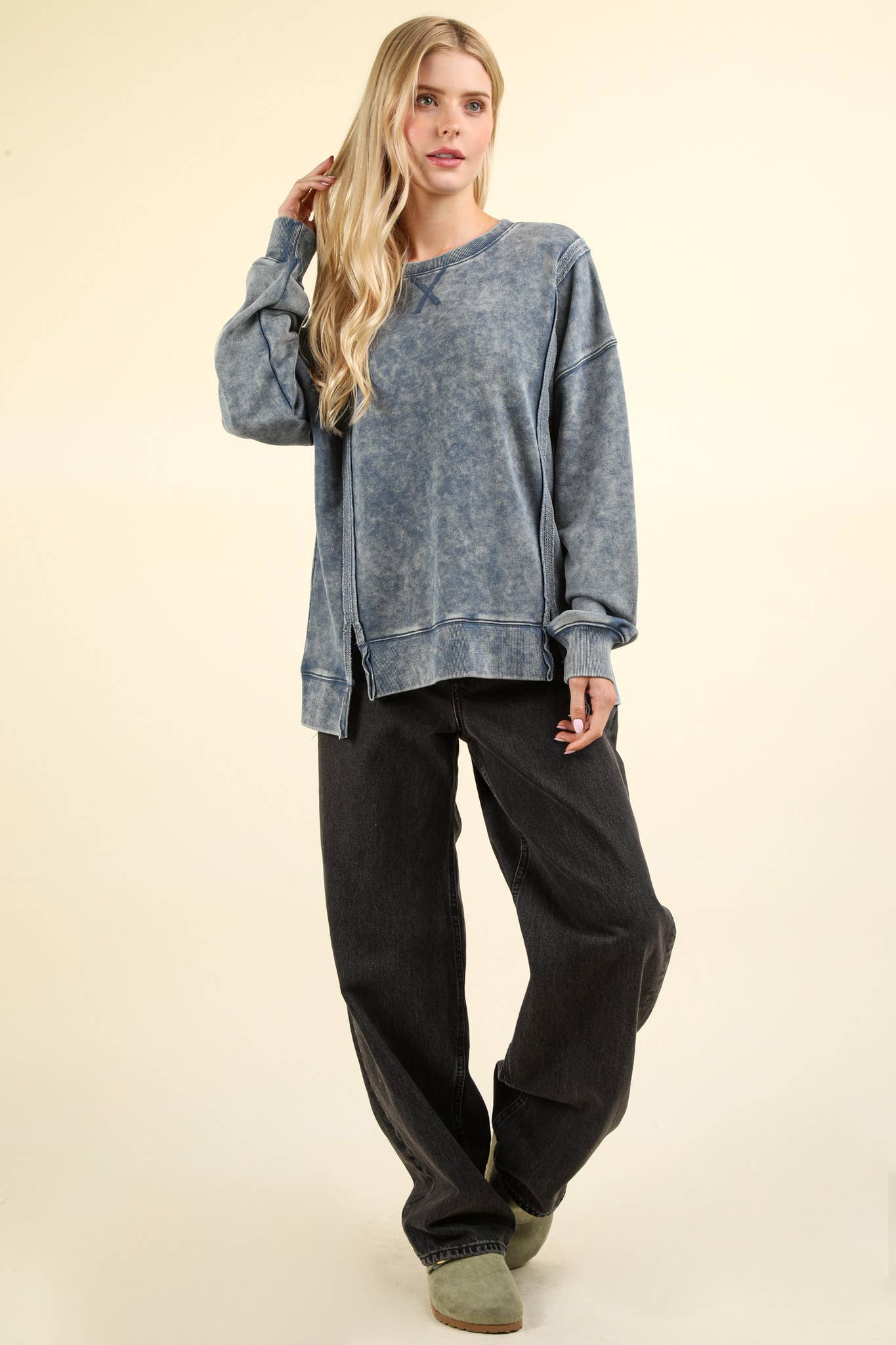 Mya Mineral Washed French Terry Oversized Knit Top ~ Denim