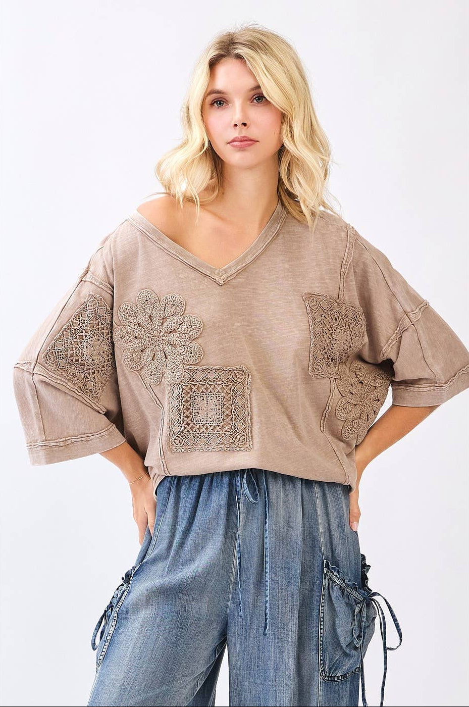 Carrie Crochet Patch Oversized V Neck Top ~ Latte