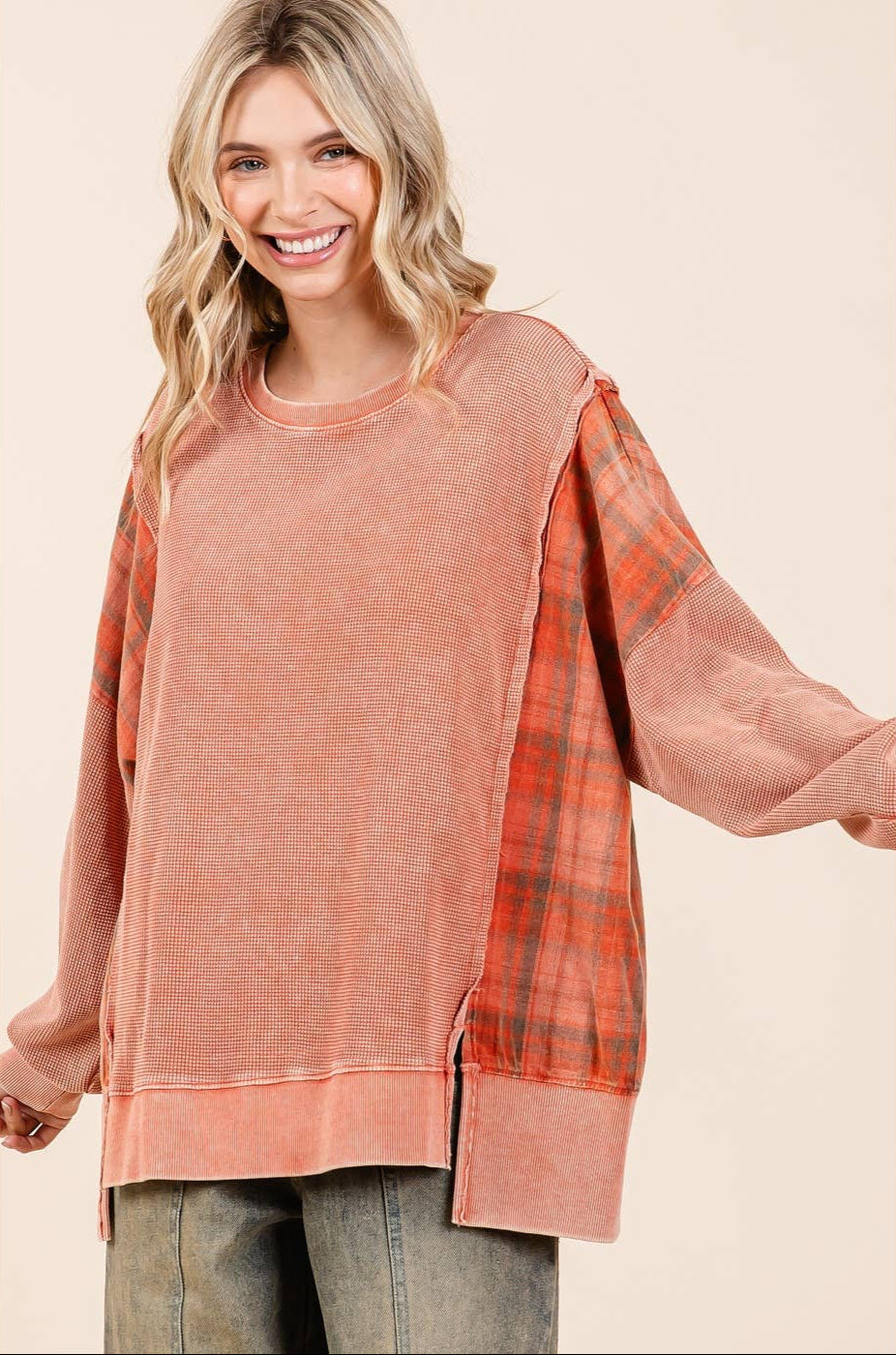 Pam Plaid Panel Mineral Wash Pullover ~ Faded Brick