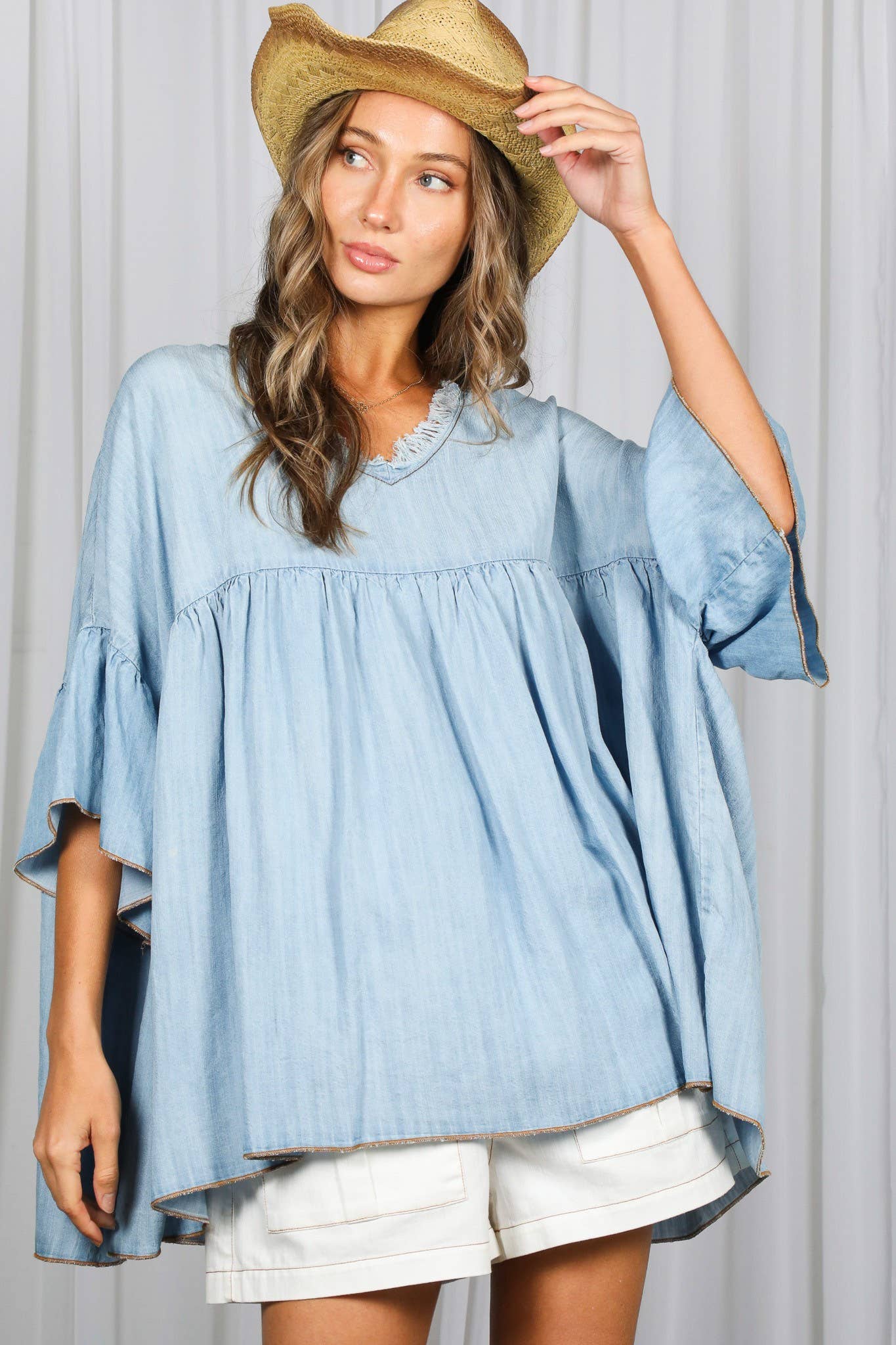 Tia V-Neck Ruffled Tencel Chambray Loose Top ~ Light Denim