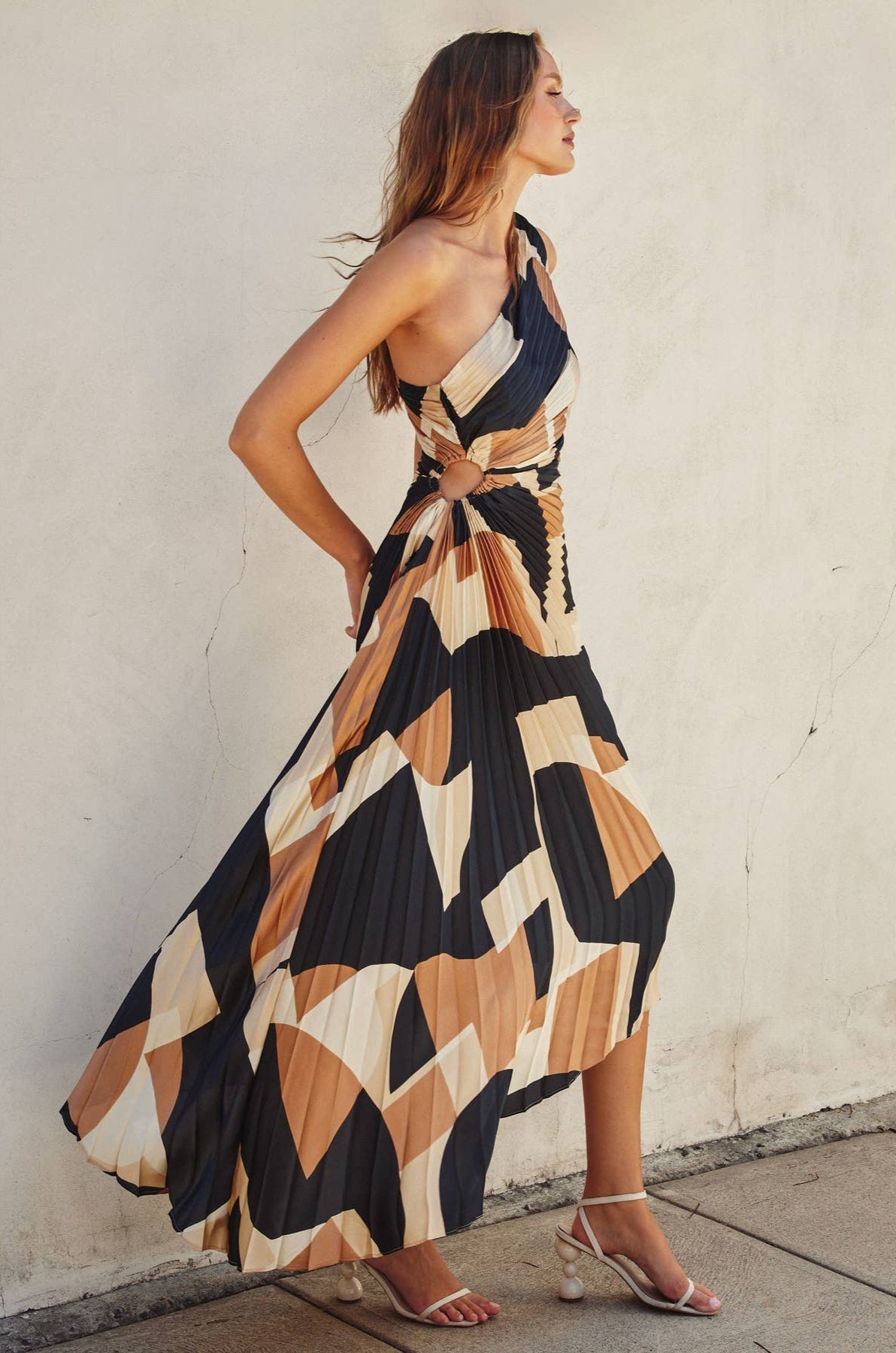 Olympia Asymmetrical Pleated Maxi Dress ~ Midnight Taupe
