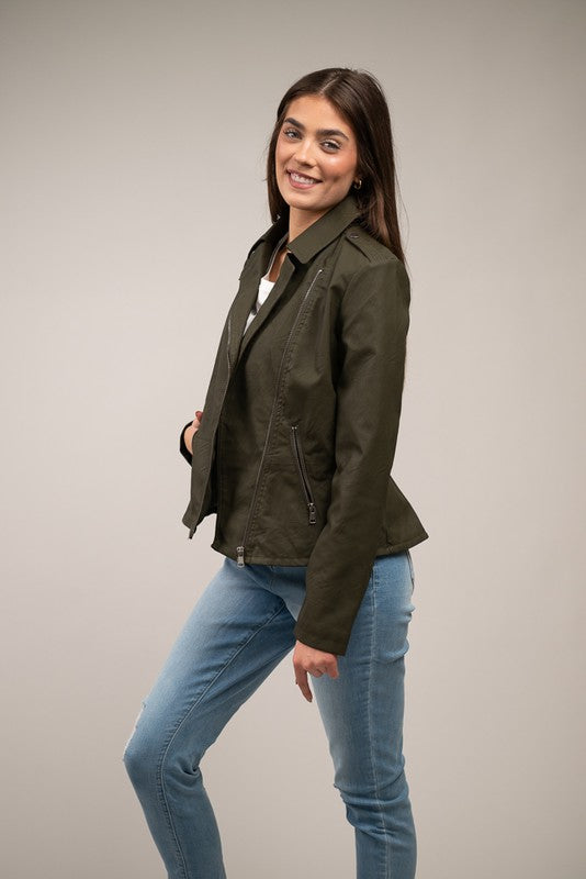 Zoe Asymmetrical Moto Jacket ~ Olive