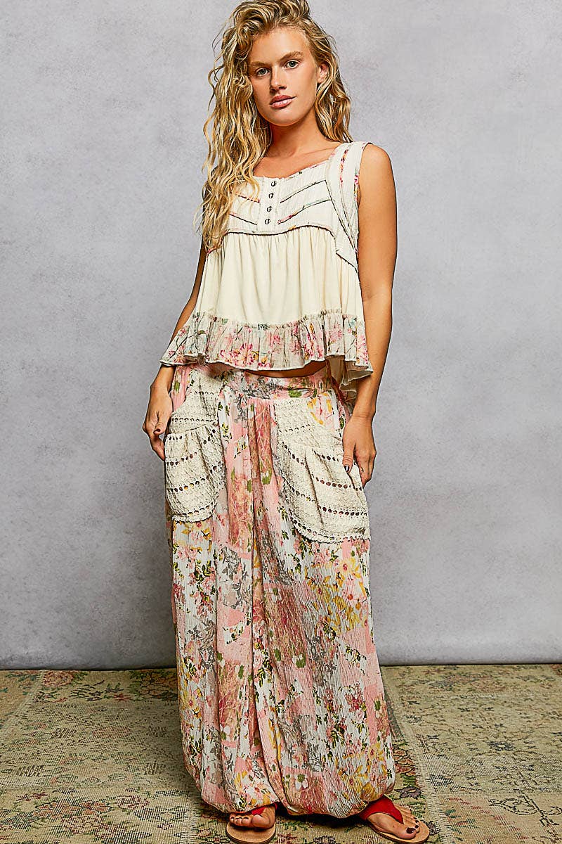 POL Jersey Floral Trim Boho Tank Top ~ Natural