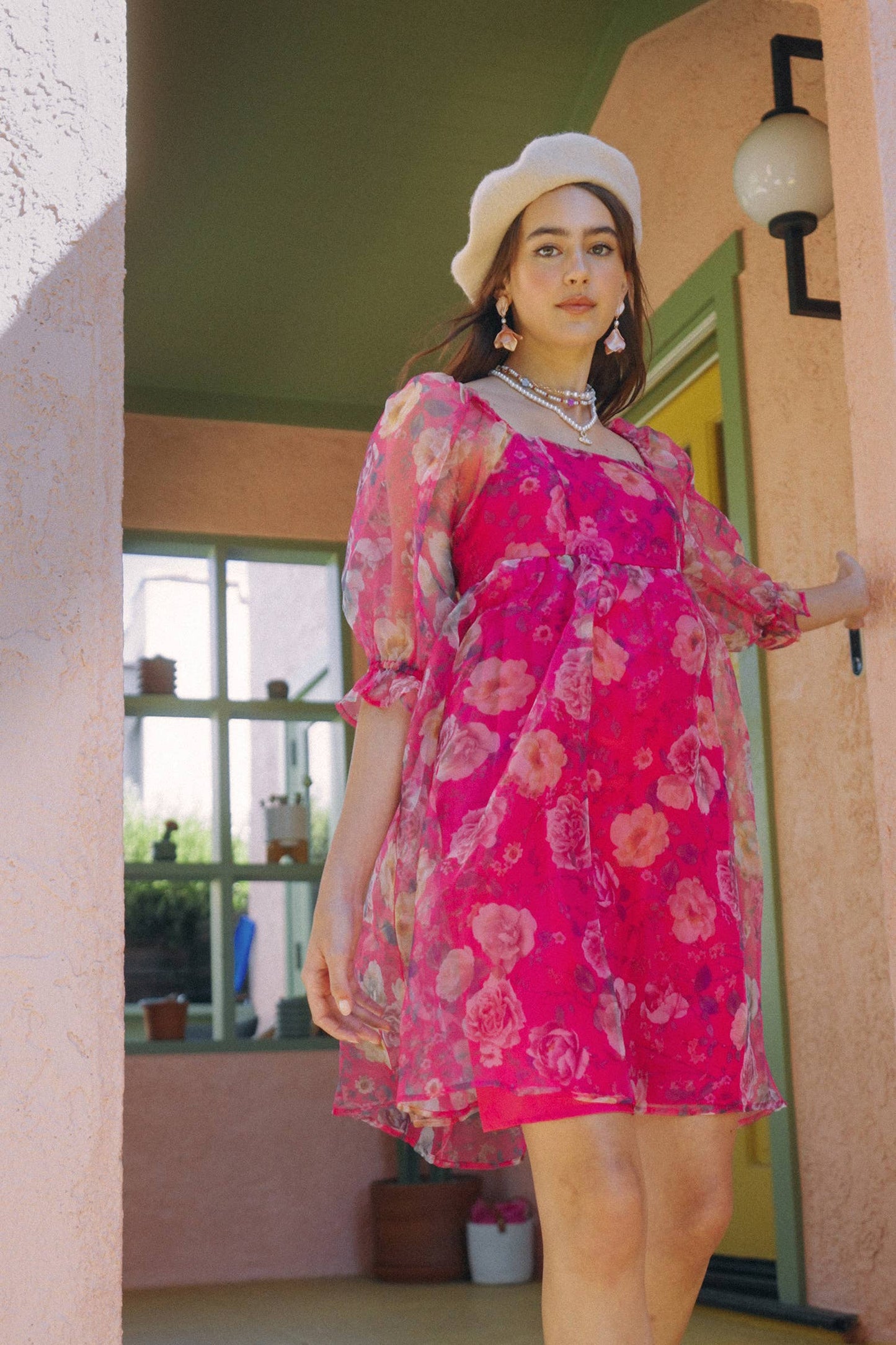 Fallon Floral Organza Puff Sleeve Dress ~ Dark Pink