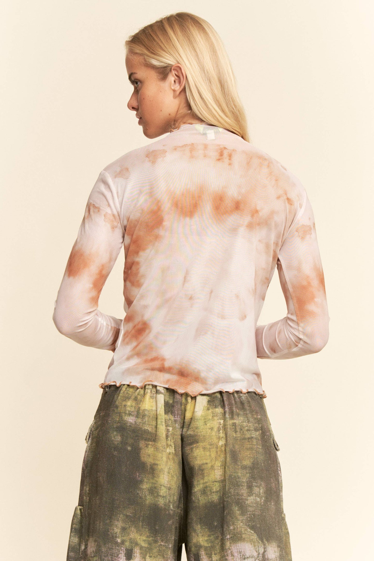 Tatum Tie Dyed Mesh Peace Studs Top ~ Taupe