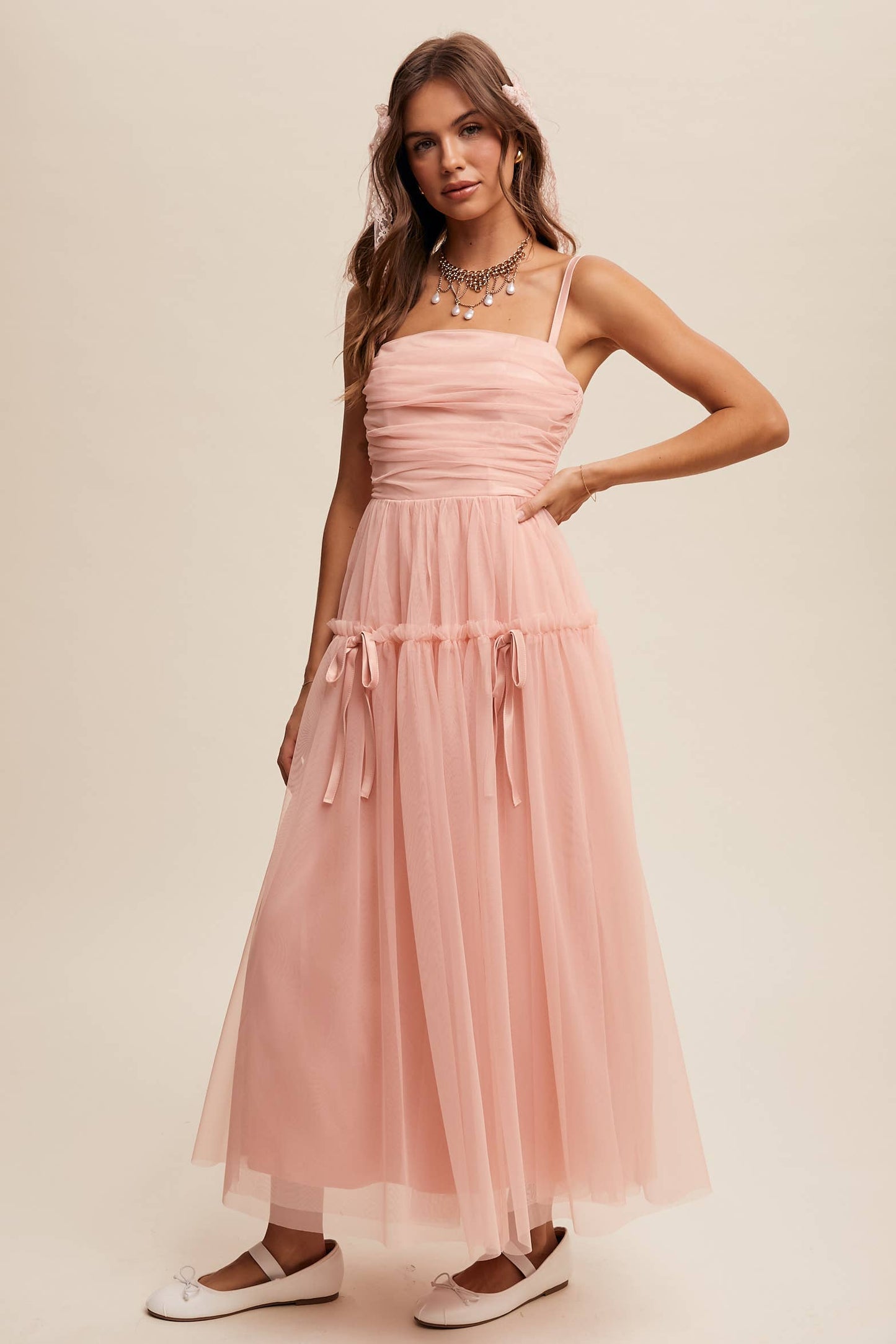 Rosie Ruched Tulle Ribbon Detail Midi Dress ~ Blush