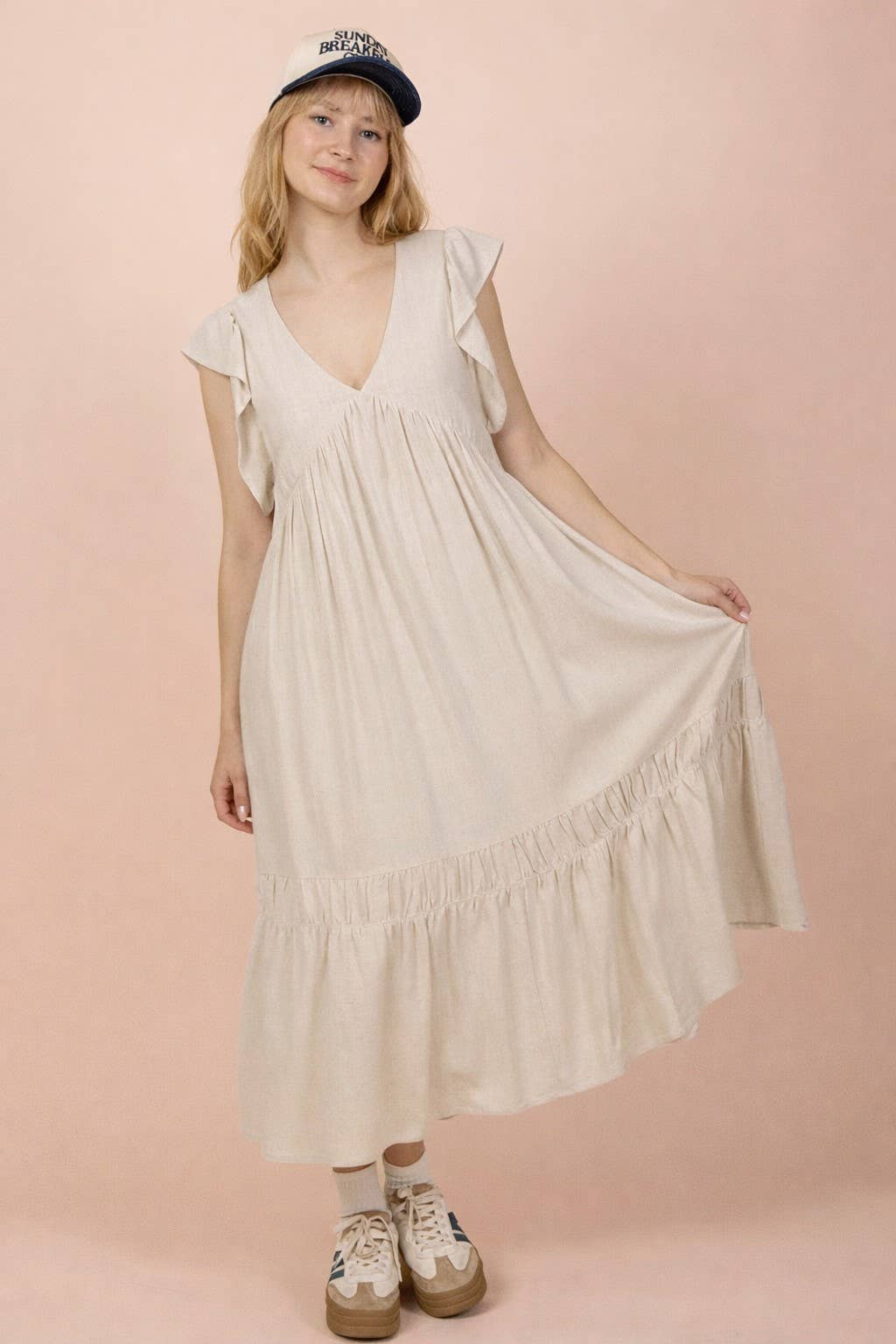 Sara V-Neck Ruffle Sleeve Midi Dress ~ Oatmeal