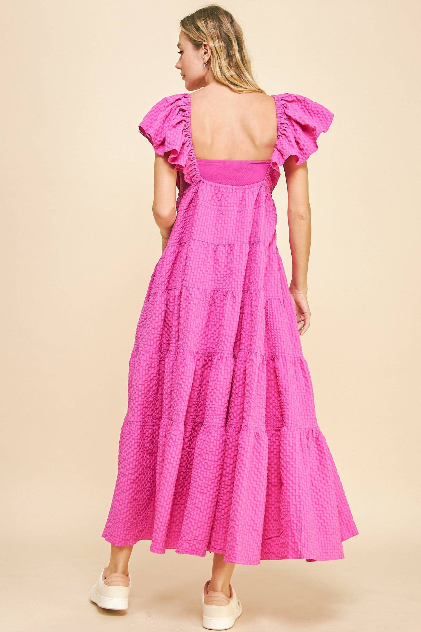 Cassie Crinkled Texture Flutter Sleeve Midi Dress ~ Orchid