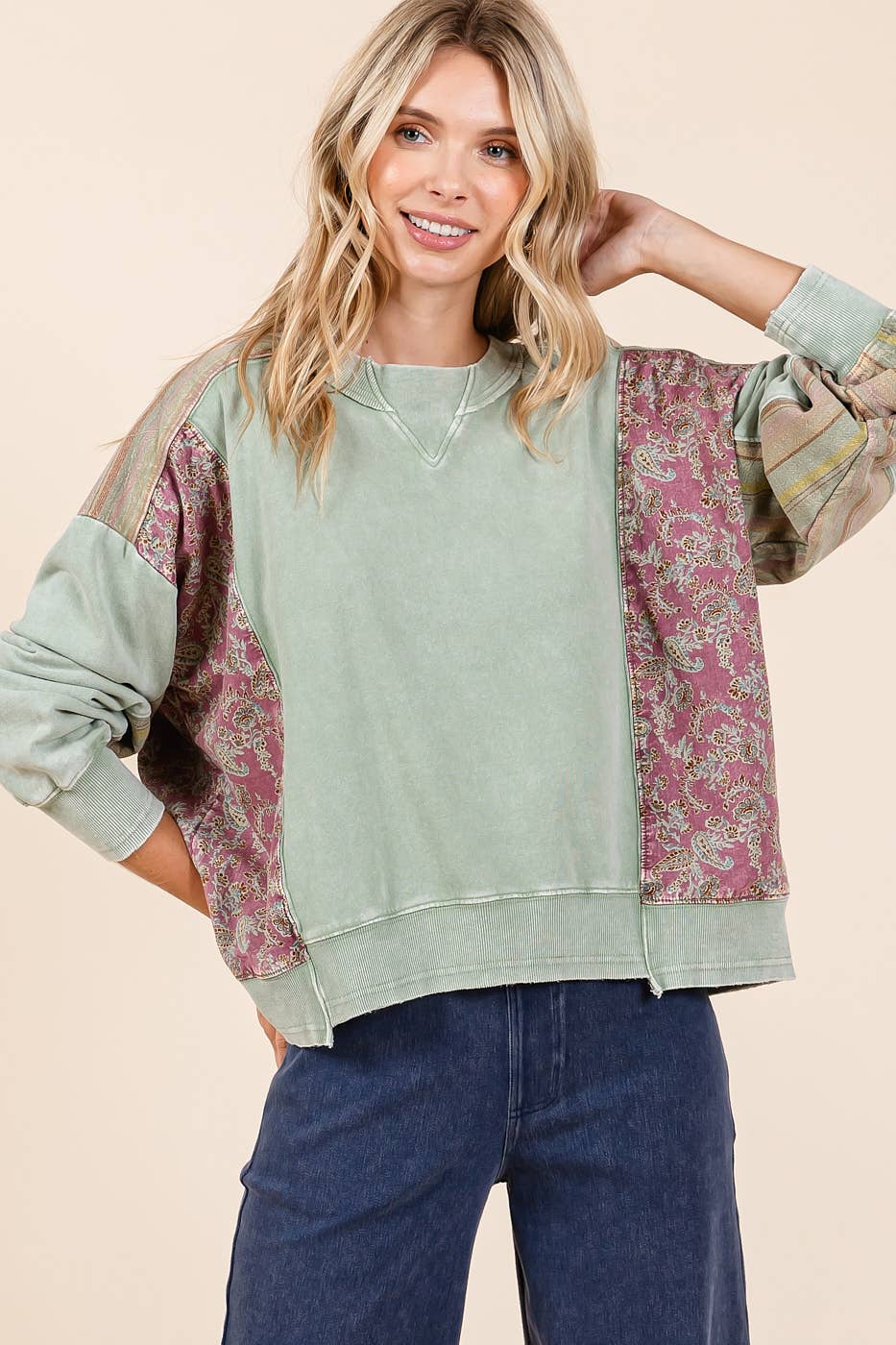 Carrie Patchwork Mineral Wash Pullover ~ Sage