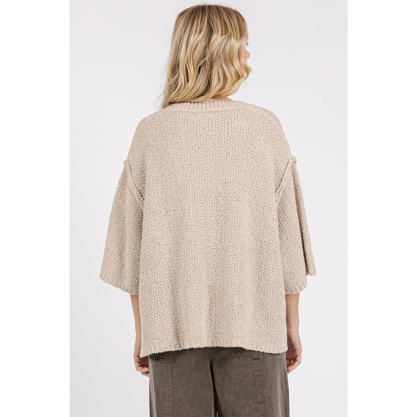 Fran Fuzzy Textured 3/4 Sleeve Loose Fit Sweater ~ Bone