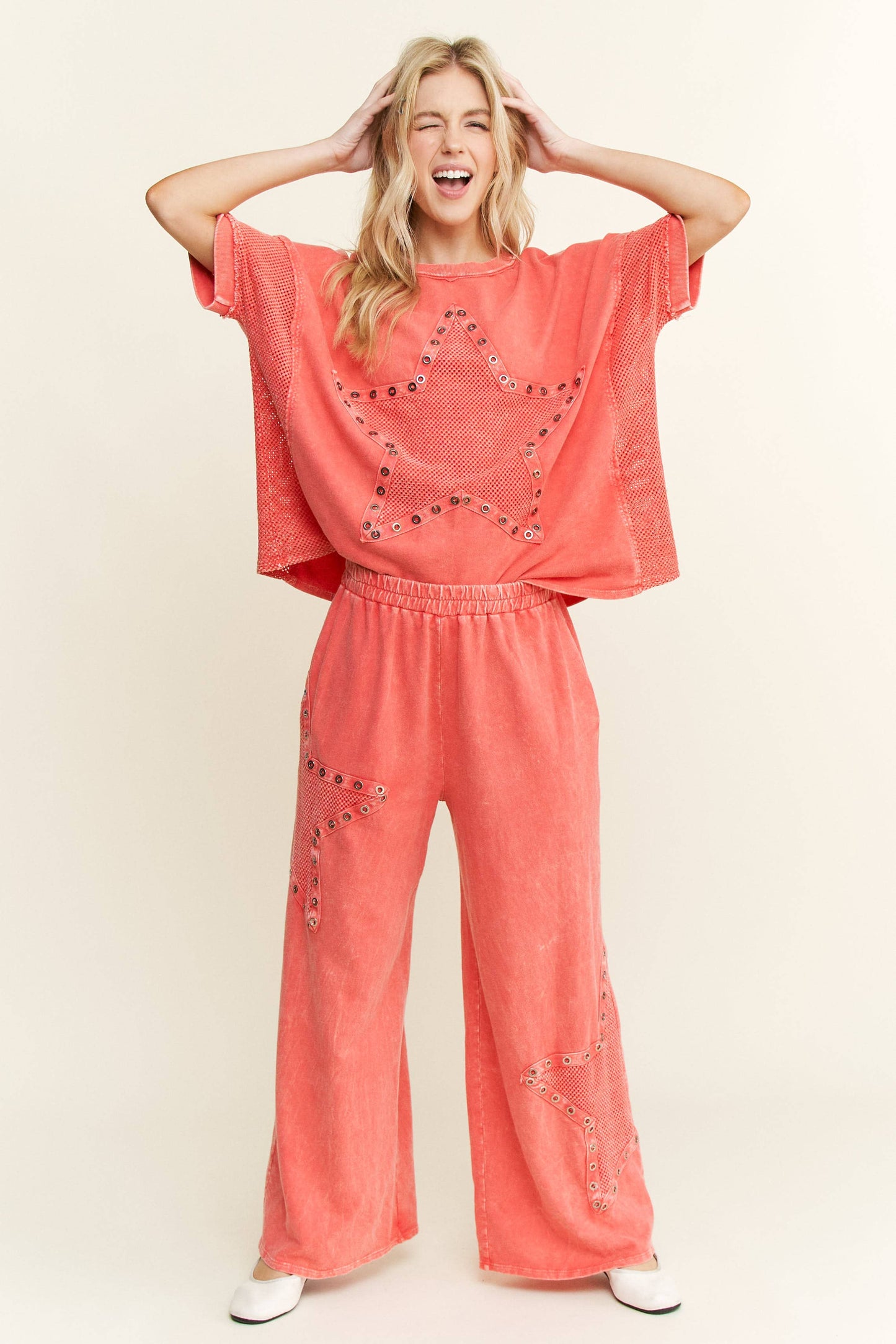 Millie Mineral Wash Mesh Star Pants ~ Orange Red
