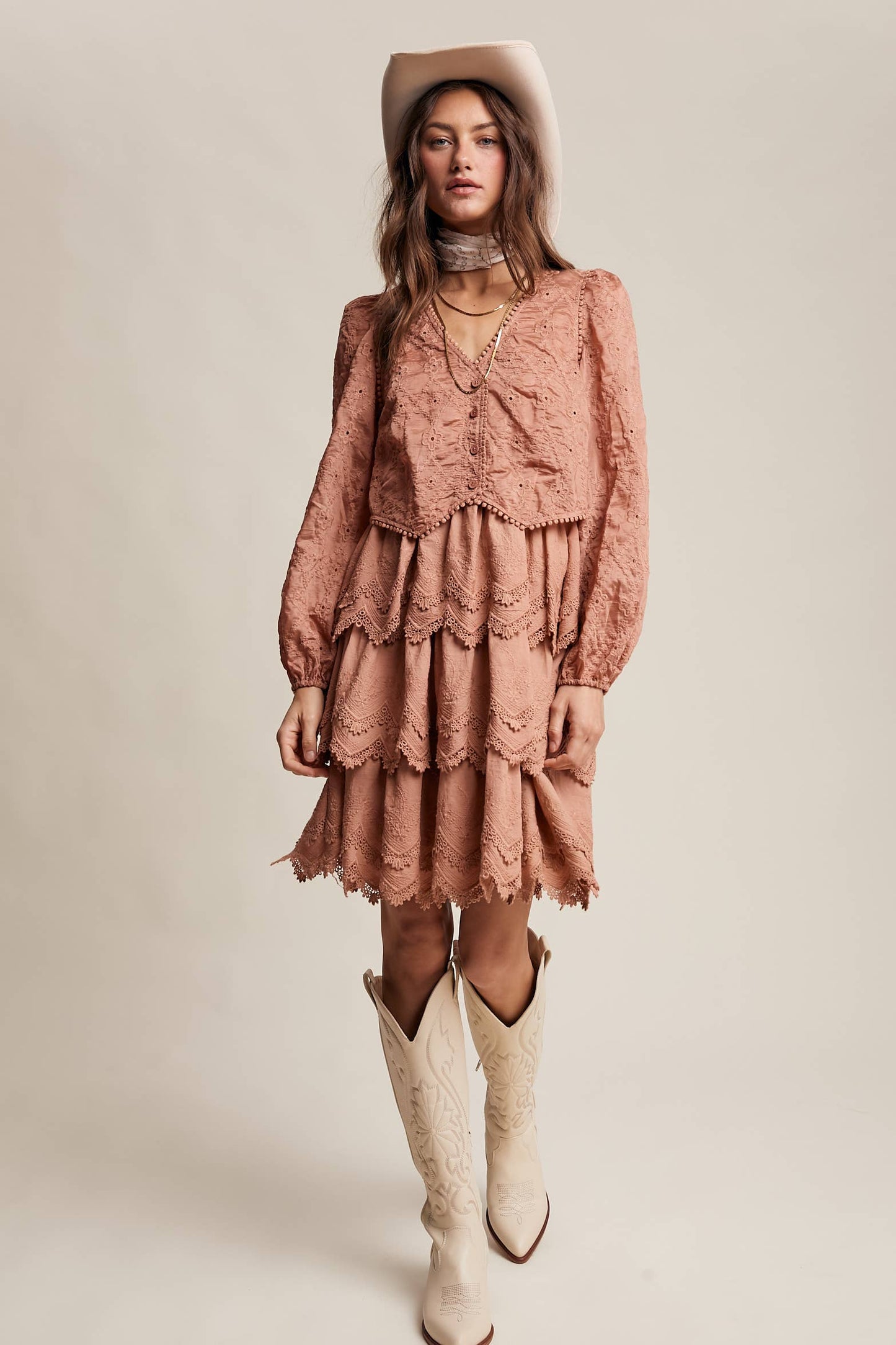 Tamara Tiered Scallop Embroidered Dress ~ Terracotta