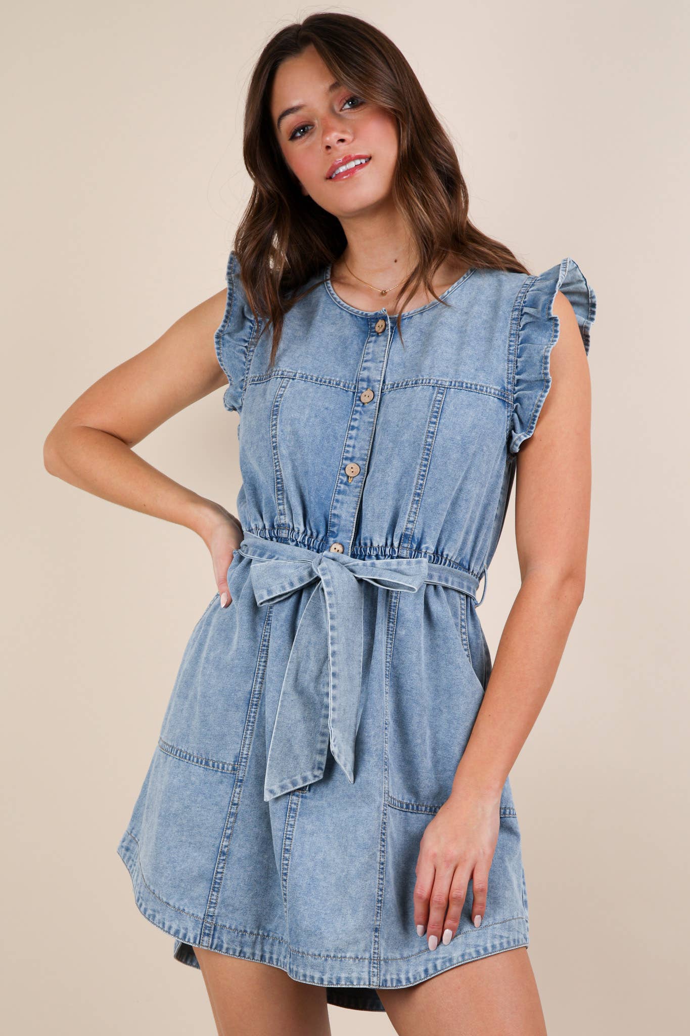 Waverly Washed Ruffle Detail Mini Dress ~ Chambray