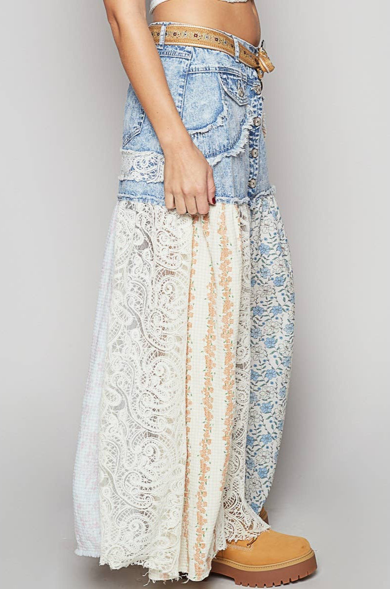 POL Woven Floral Print Mixed Skirt ~ Light Denim