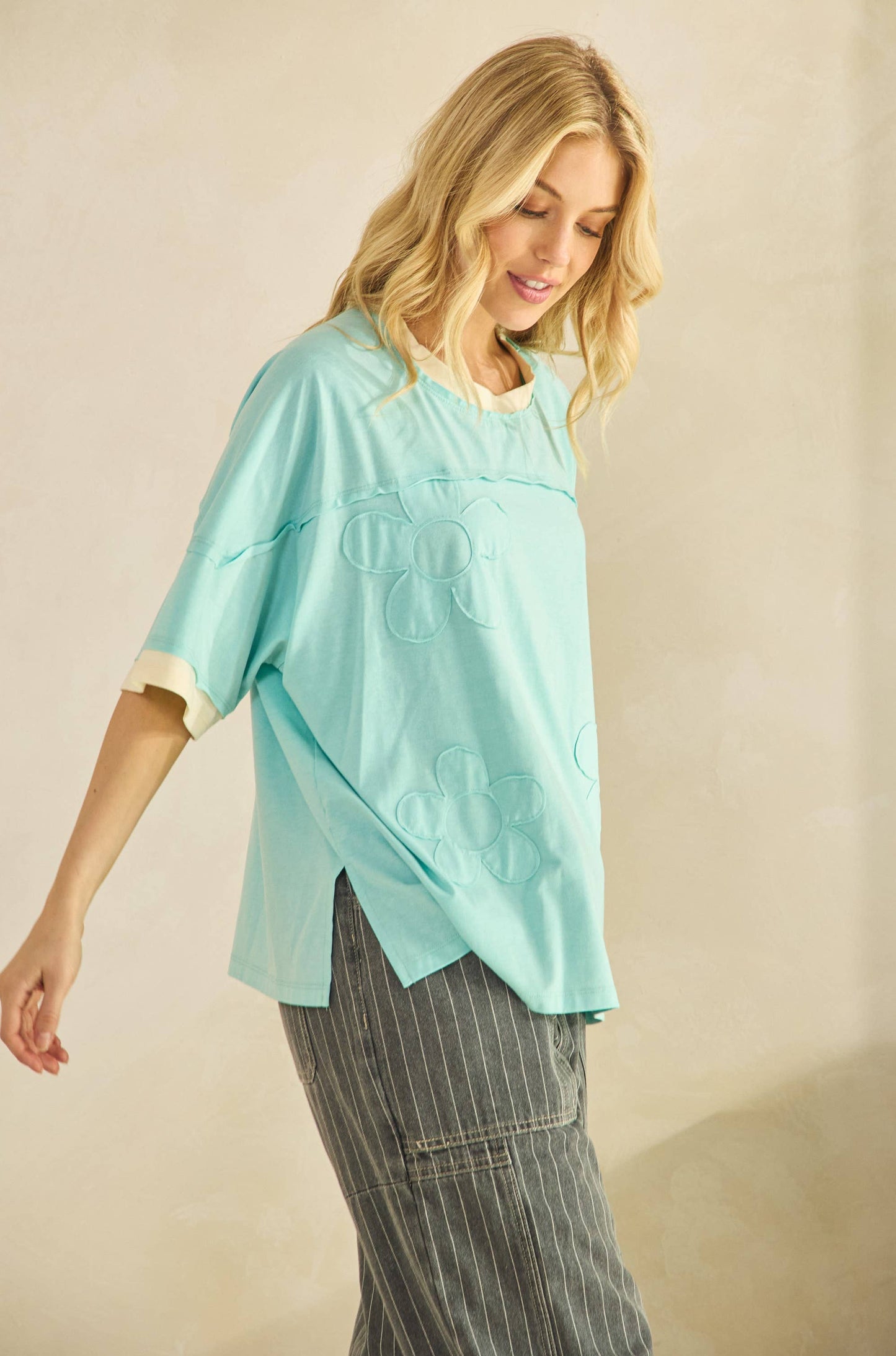 Riley Retro Flower Embroidered Oversized Top ~ Aqua
