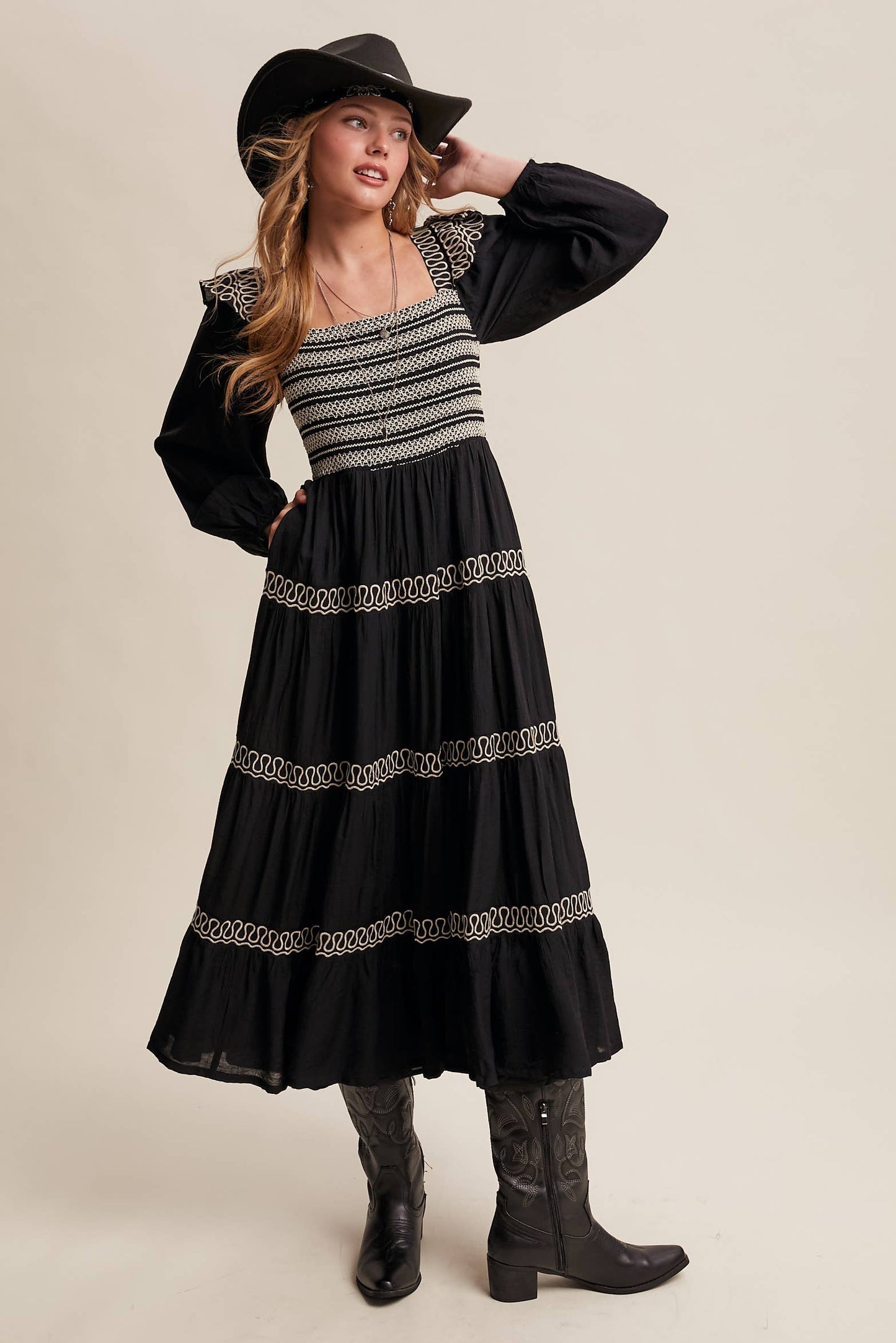 Sammie Smocked Western Maxi Dress ~ Black