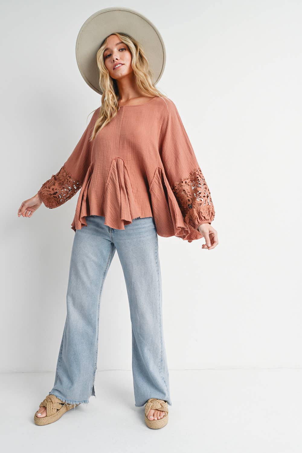 Carrie Crochet Trimmed Sleeve Top ~ Clay
