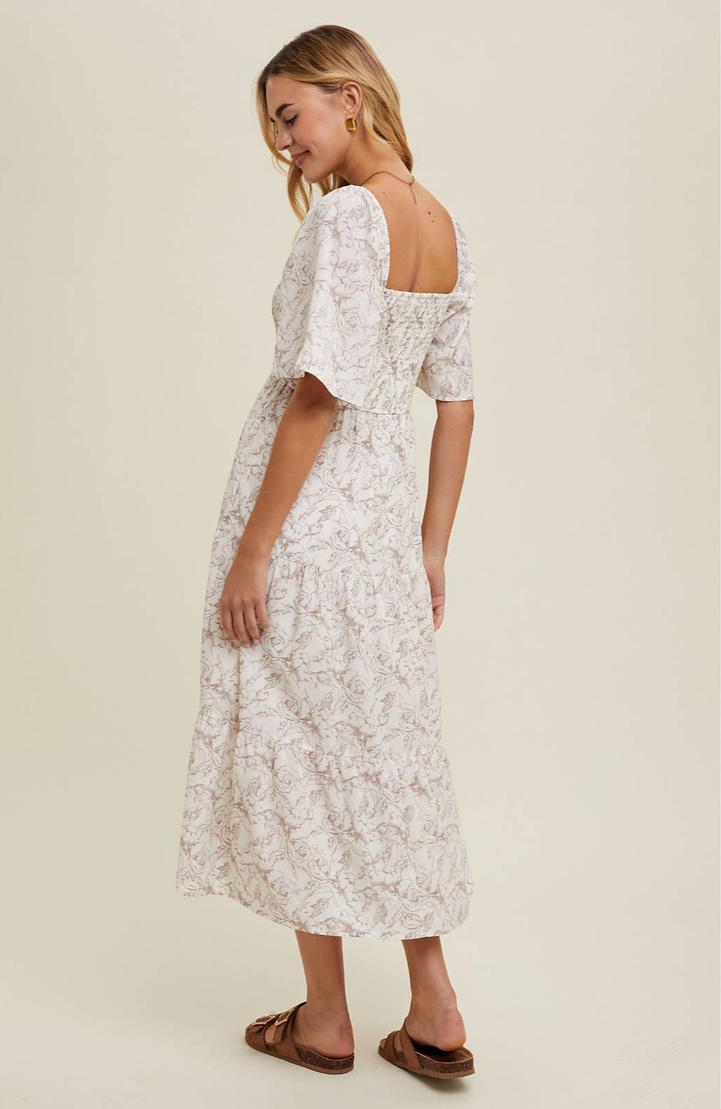 Fallon Floral Flutter Sleeve Midi Dress ~ Cream