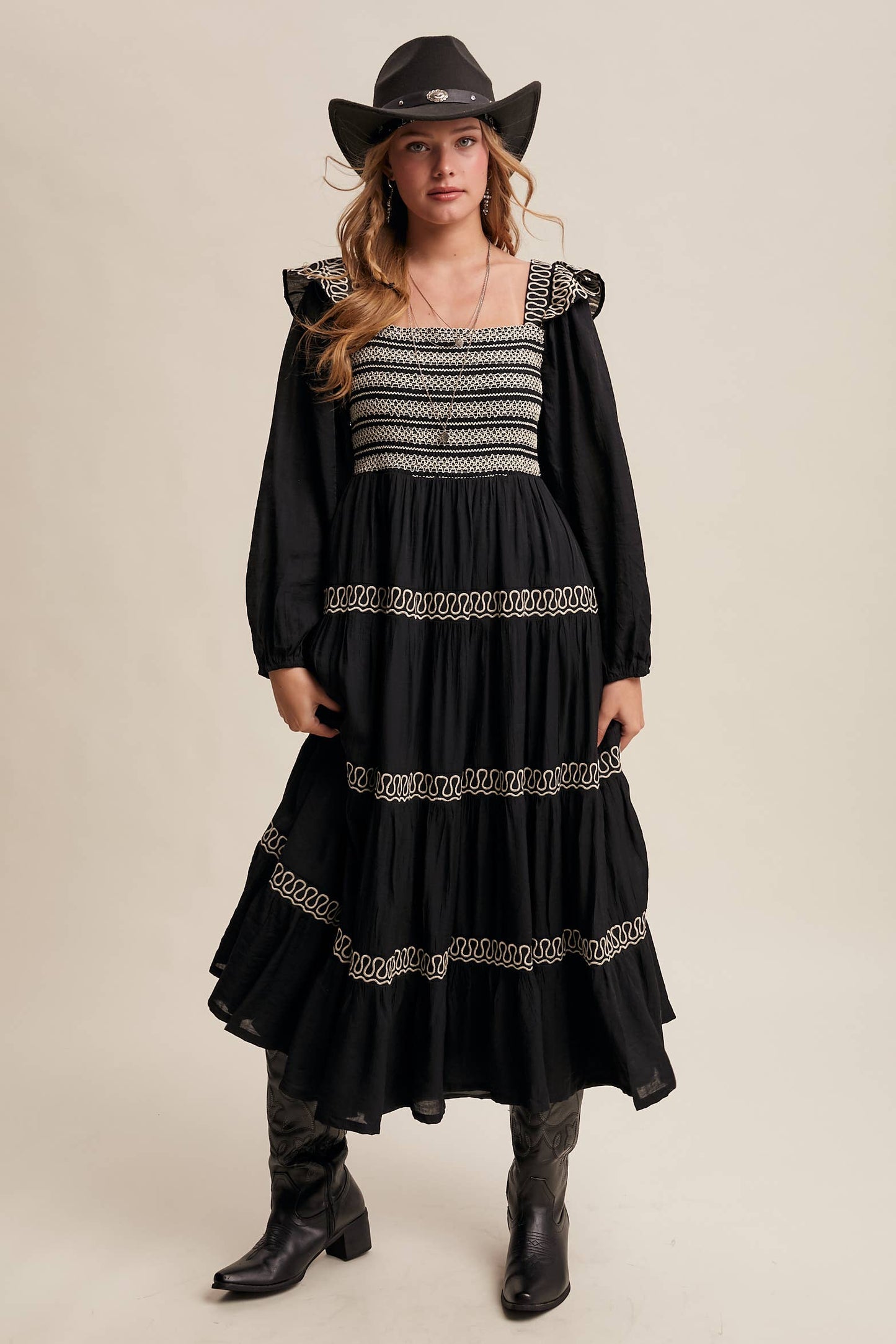 Sammie Smocked Western Maxi Dress ~ Black