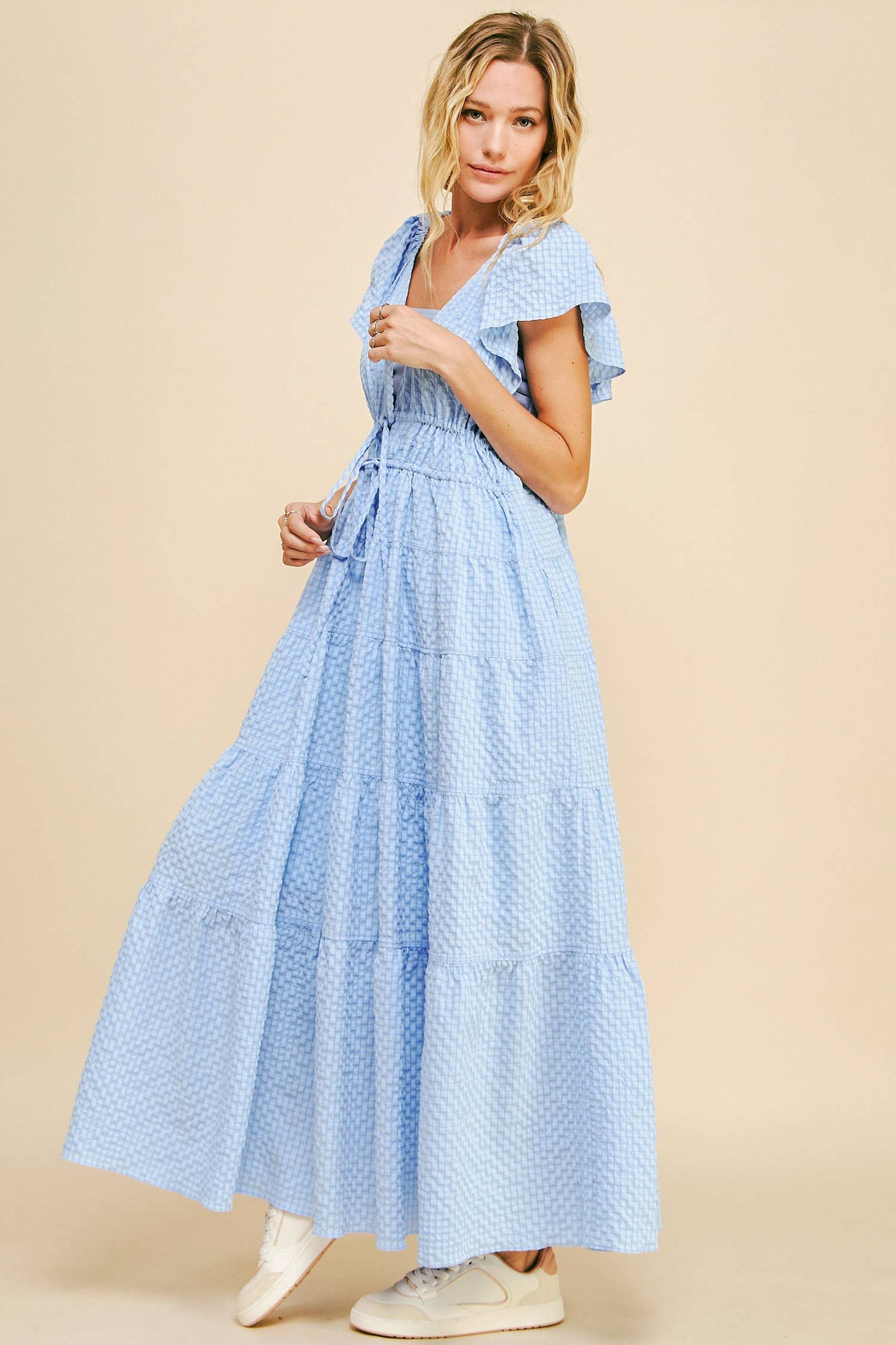 Cassie Crinkled Texture Flutter Sleeve Midi Dress ~ Light Blue
