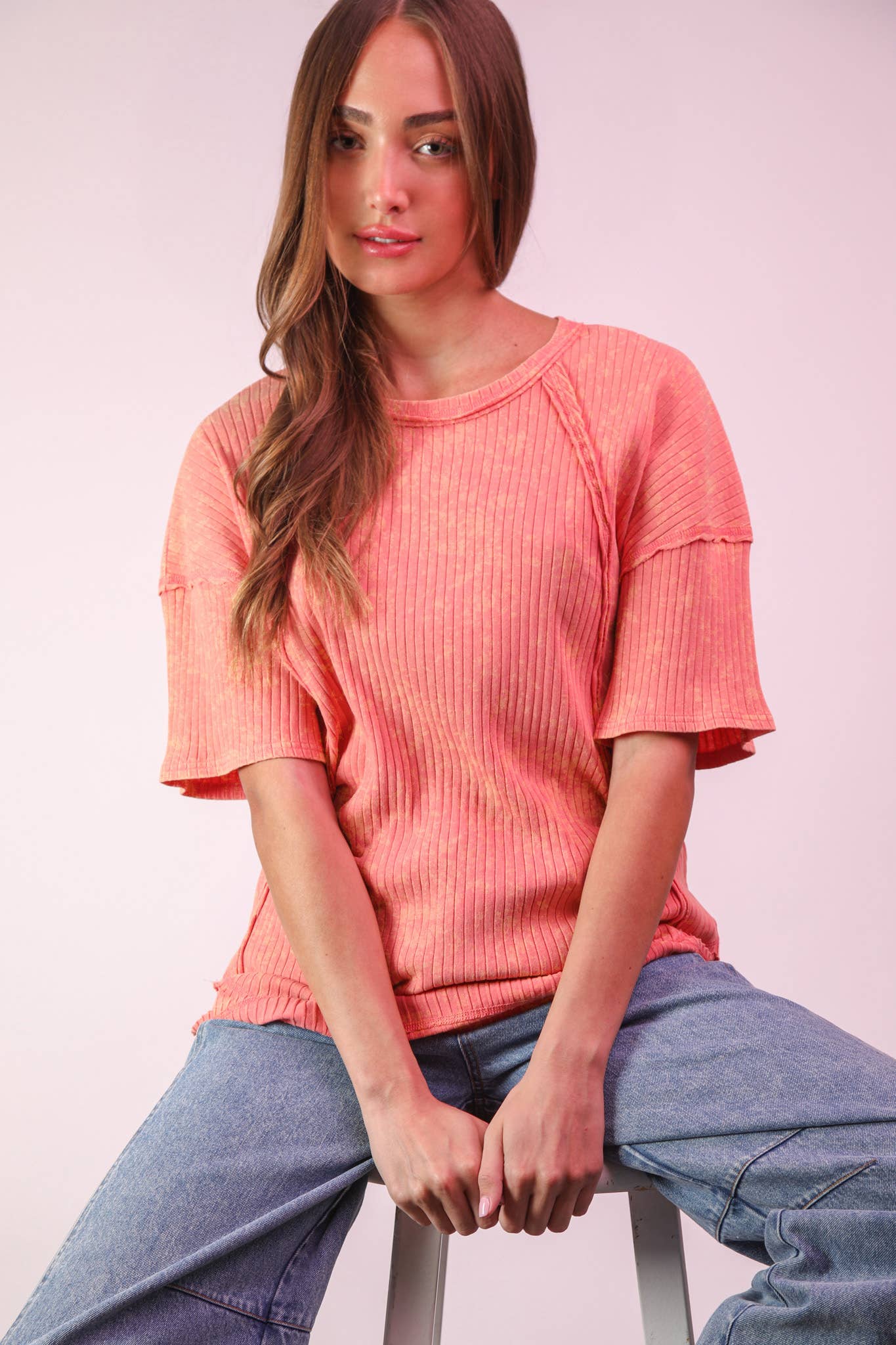 Margot Mineral Wash Ribbed Knit Top ~ Coral