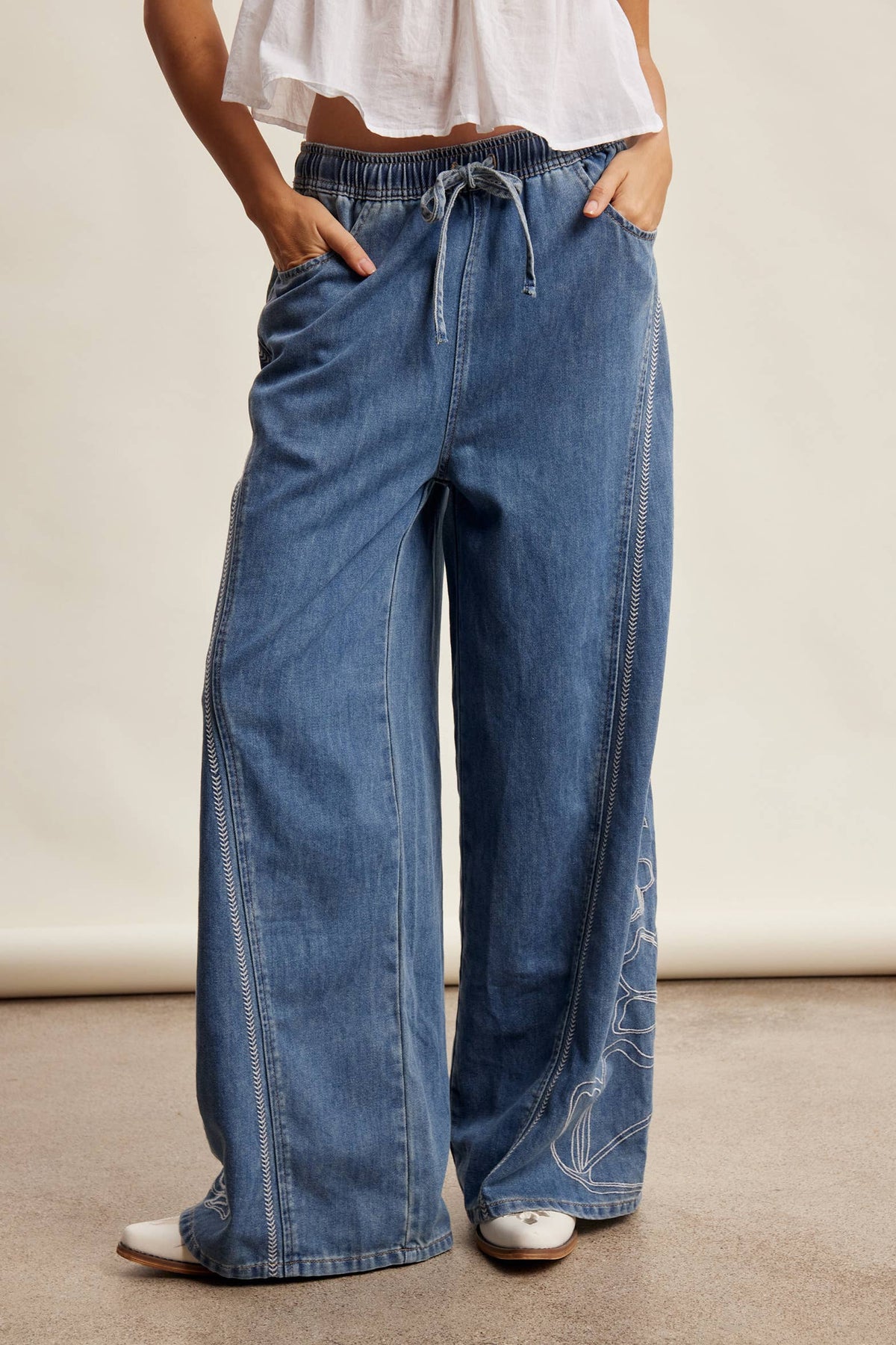 Emma Embroidered Wide Leg Denim Pants ~ Sunwash Blue