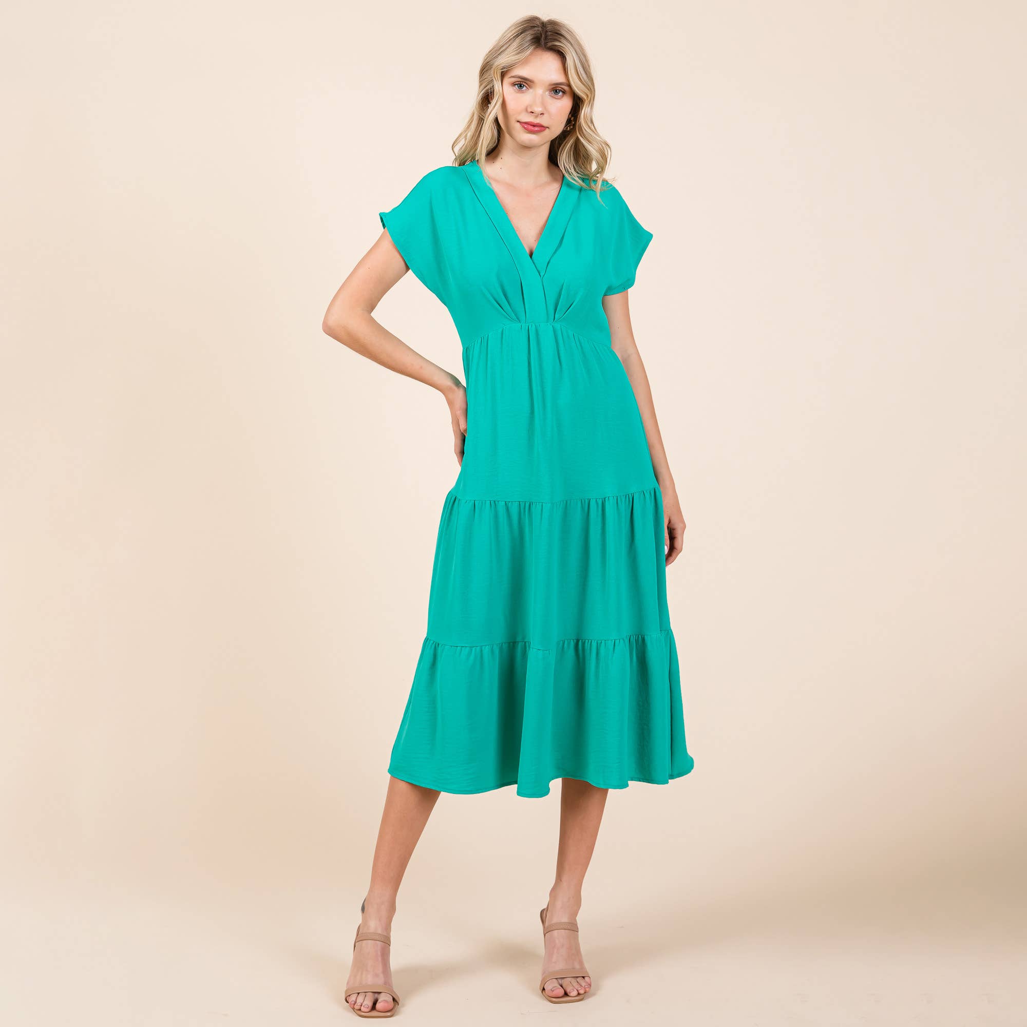 Victoria V Neck Pleated Ruffle Midi Dress ~ Kelly Green Spoiled Rotten Boutique Victoria V Neck Pleated Ruffle Midi Dress ~ Kelly Green Spoiled Rotten Boutique