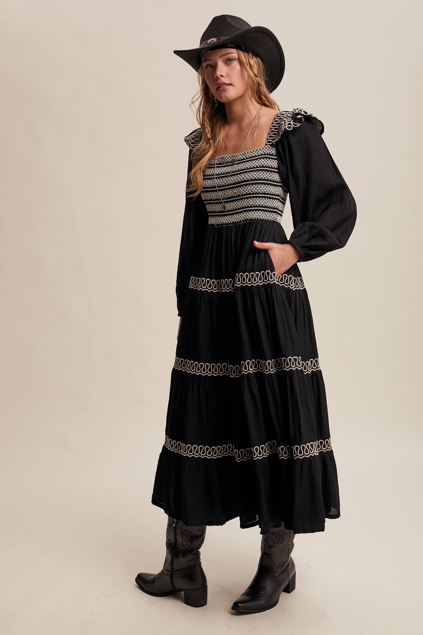 Sammie Smocked Western Maxi Dress ~ Black
