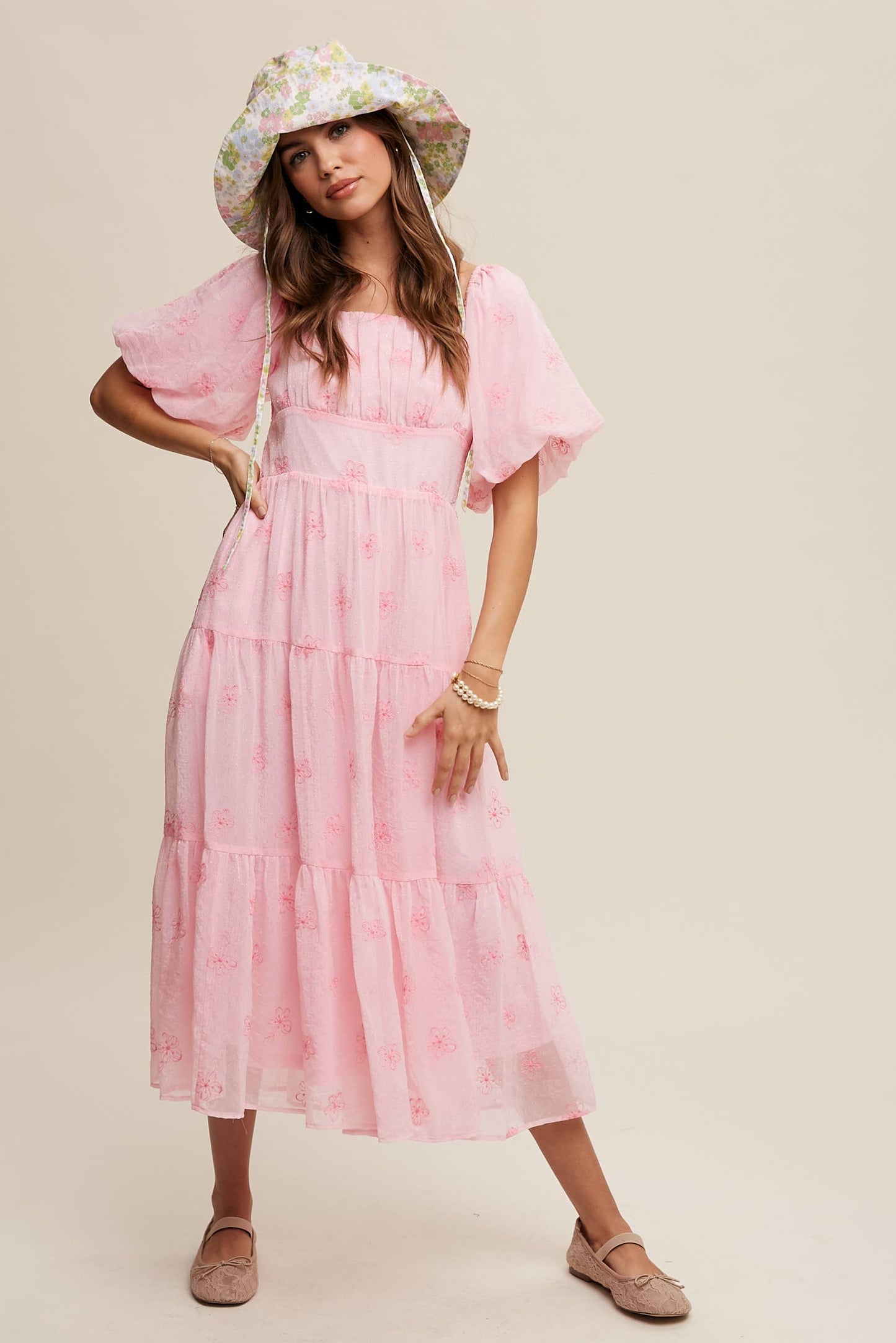Ella Embroidered Puff Sleeve Tiered Midi Dress ~ Pink