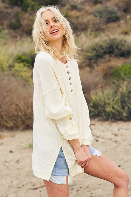 Henley Over Sized Ribbed Knit Top ~ Cream