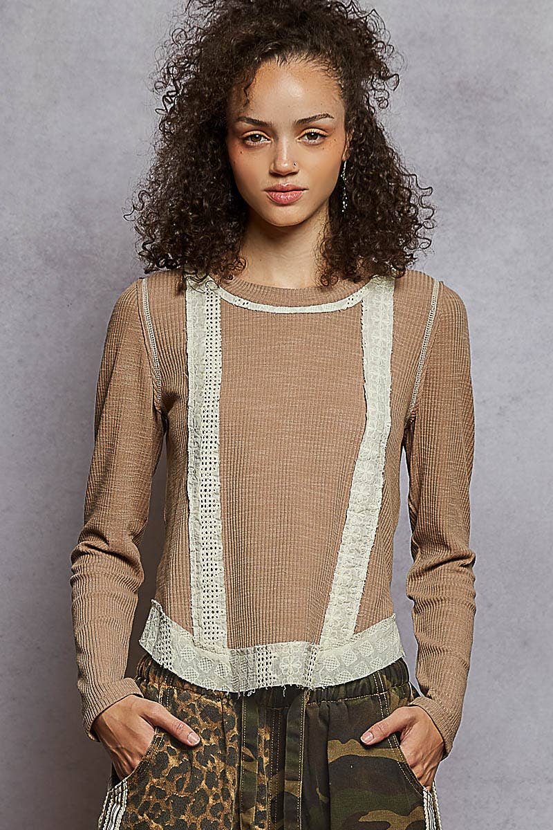 Regan Raw Edge Eyelet Patch Rib Knit Top ~ Mocha Mousse