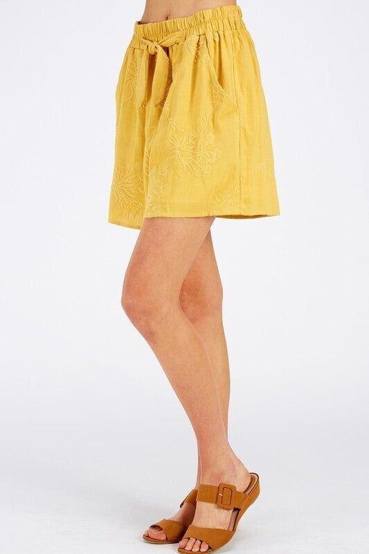 Sarah Damask Embroidered Shorts ~ Mustard