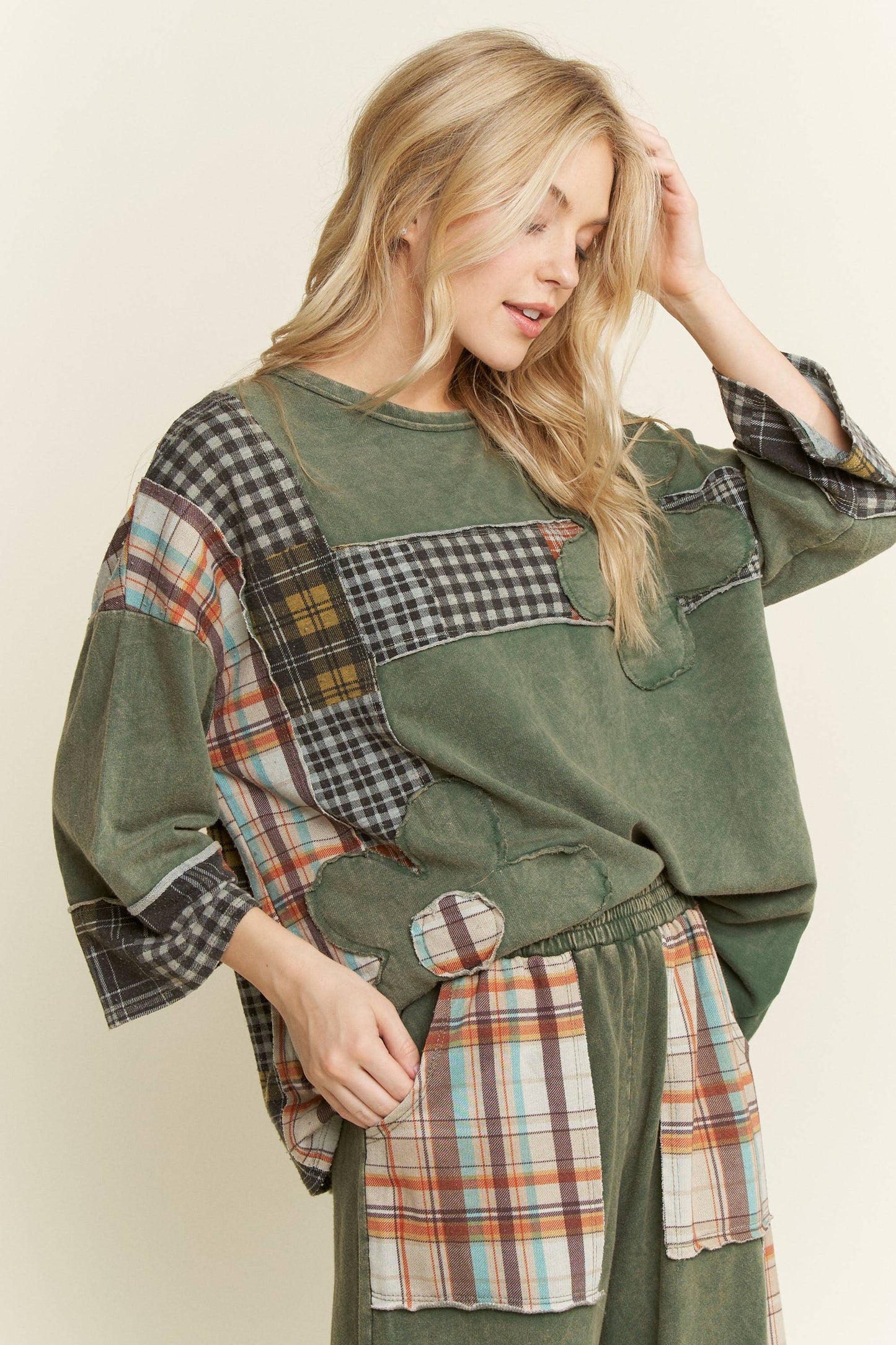 Massie Mineral Washed Plaid Daisy Top ~ Dark Olive