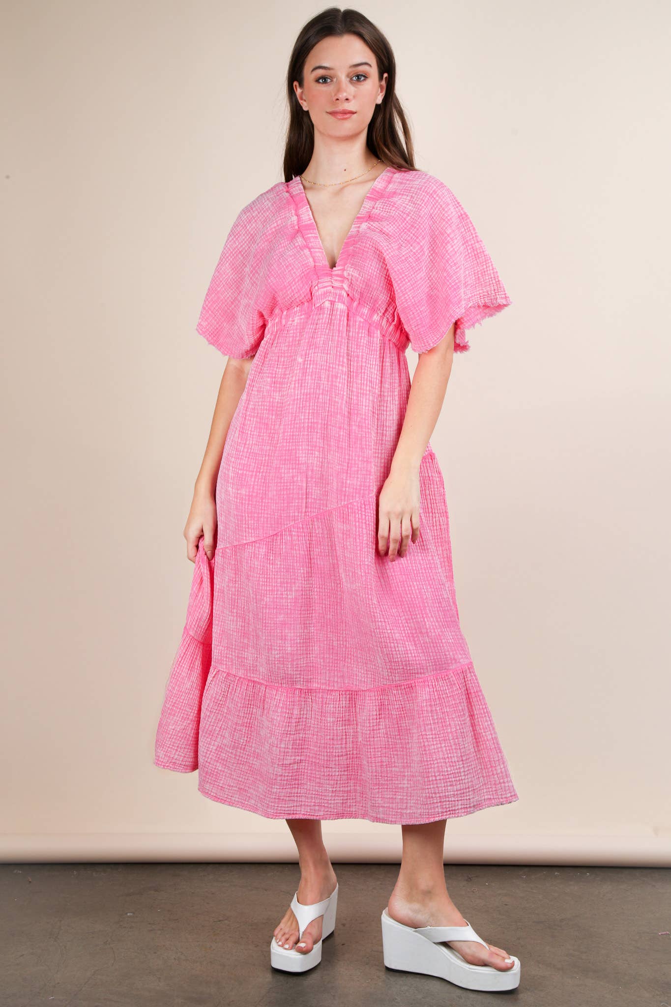 Madelyn Mineral Wash Elastic Neck Detail Midi Dress ~ Pink