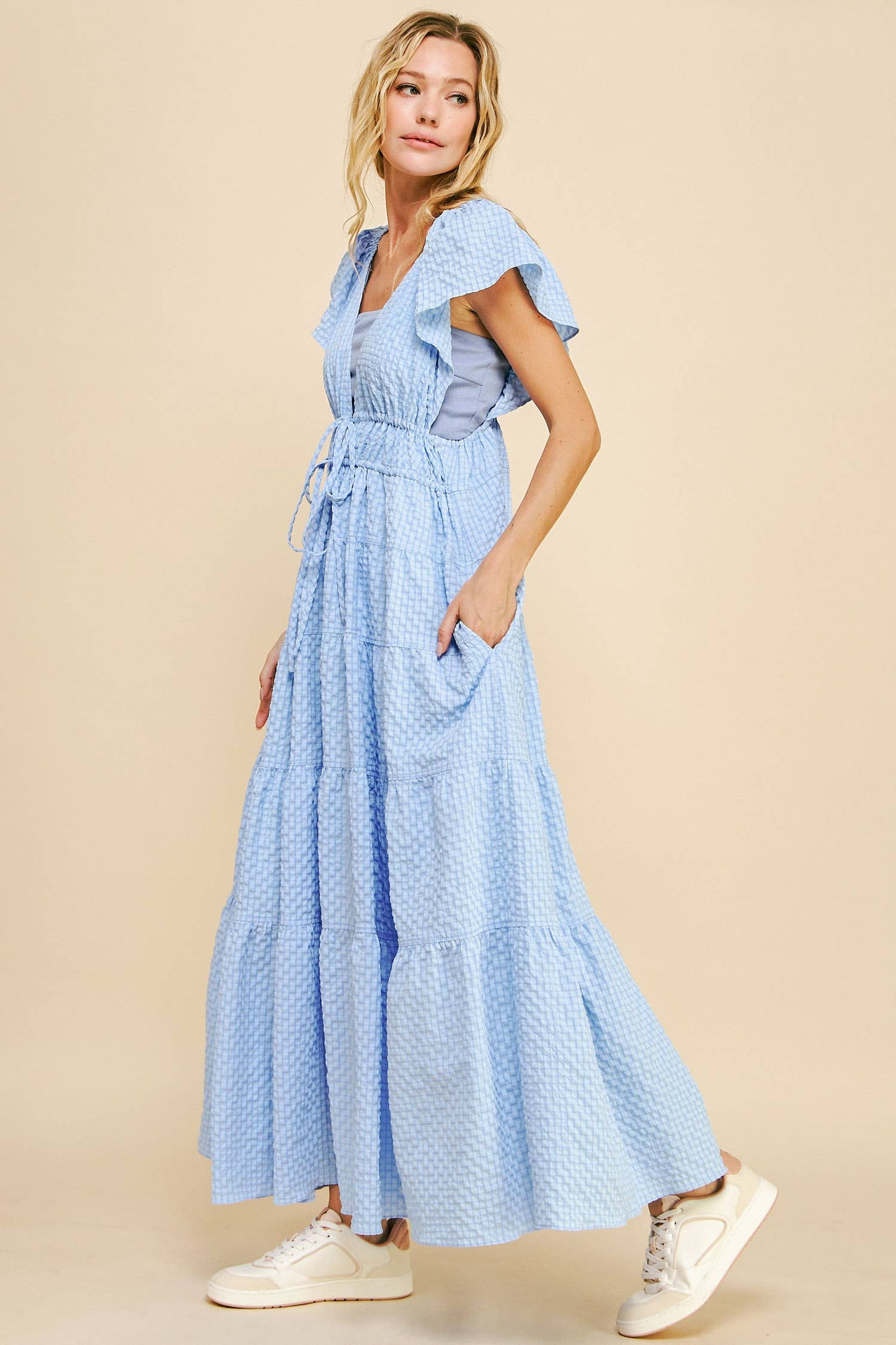 Cassie Crinkled Texture Flutter Sleeve Midi Dress ~ Light Blue