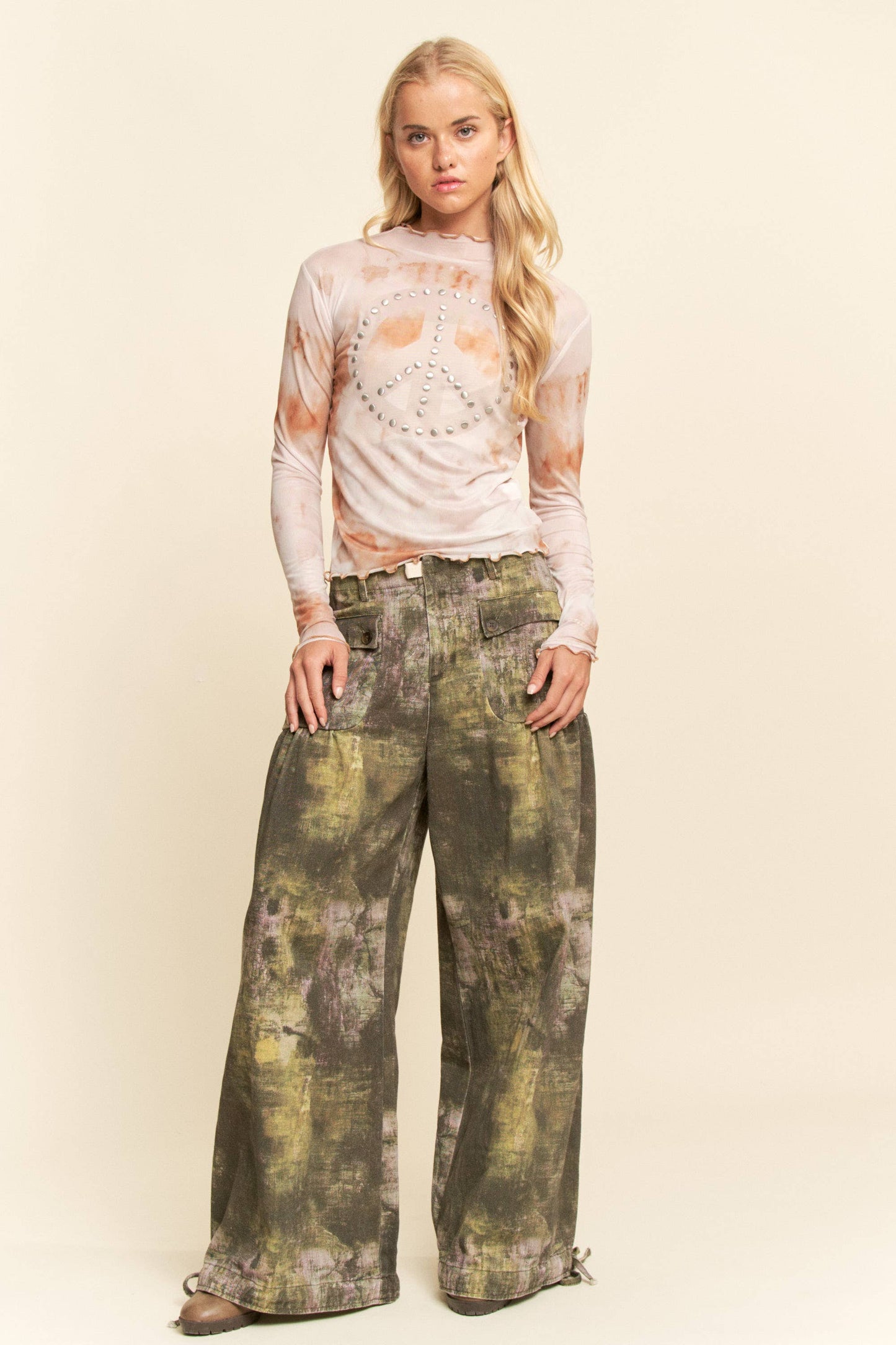 Tatum Tie Dyed Mesh Peace Studs Top ~ Taupe
