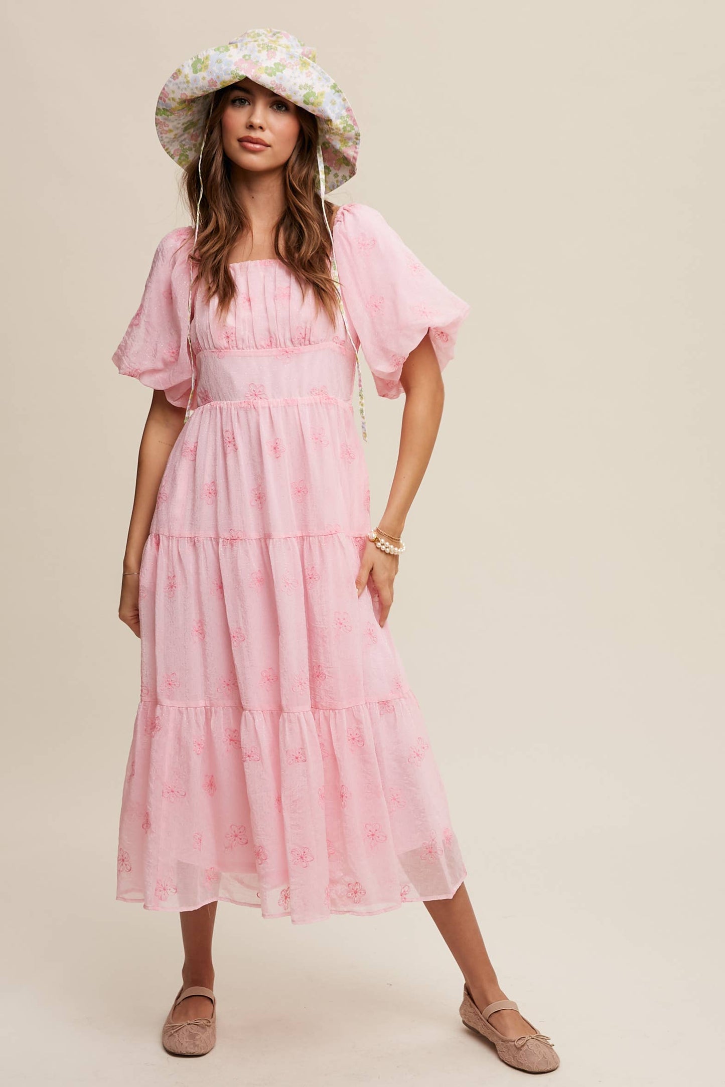 Ella Embroidered Puff Sleeve Tiered Midi Dress ~ Pink