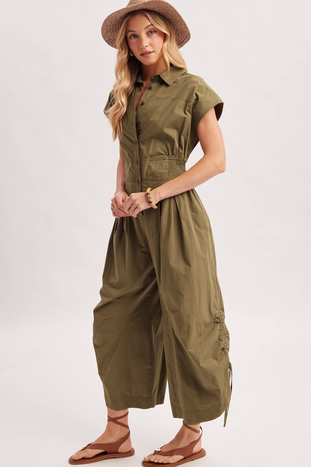 Megan Button Down Utility Jumpsuit ~ Olive