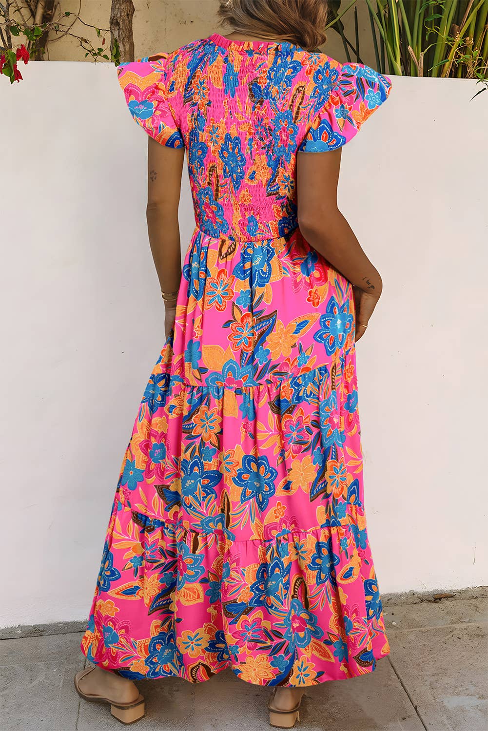 Blakely Boho Floral Ruffle Tiered Maxi Dress ~ Hot Pink