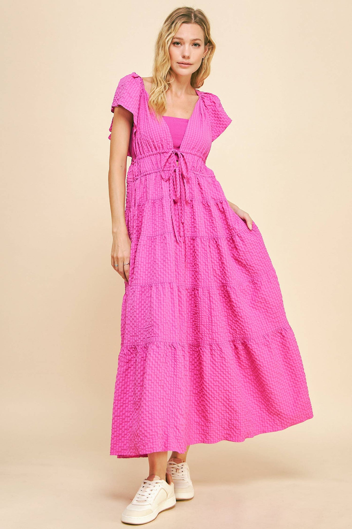 Cassie Crinkled Texture Flutter Sleeve Midi Dress ~ Orchid