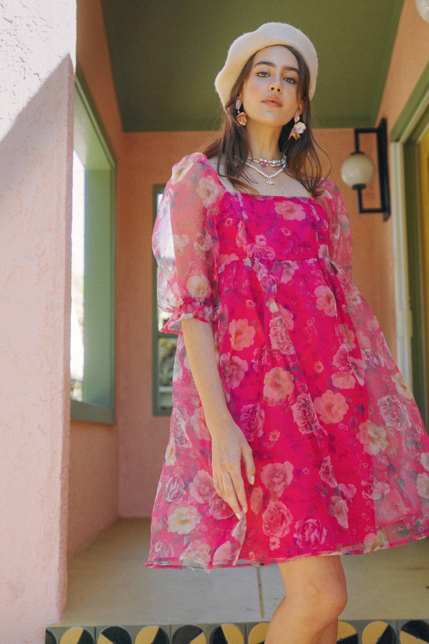 Fallon Floral Organza Puff Sleeve Dress ~ Dark Pink
