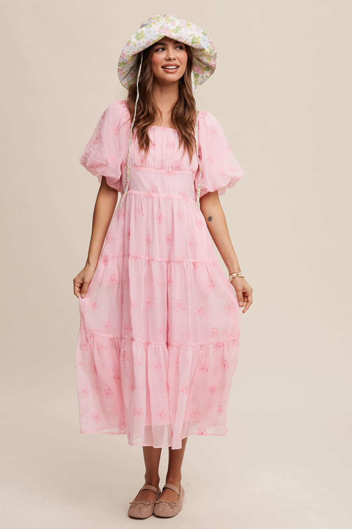 Ella Embroidered Puff Sleeve Tiered Midi Dress ~ Pink