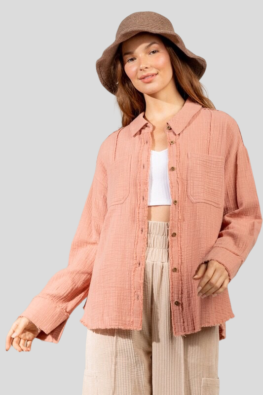 Morgan Frayed Hem Woven Button Up Shirt ~ Blush