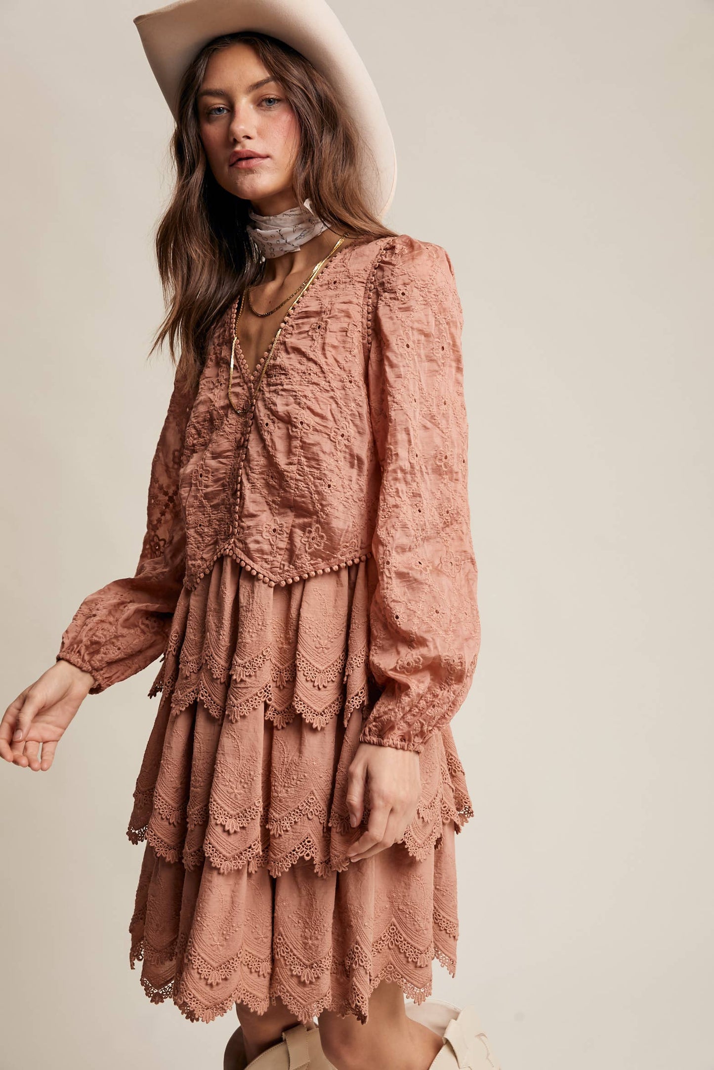 Tamara Tiered Scallop Embroidered Dress ~ Terracotta