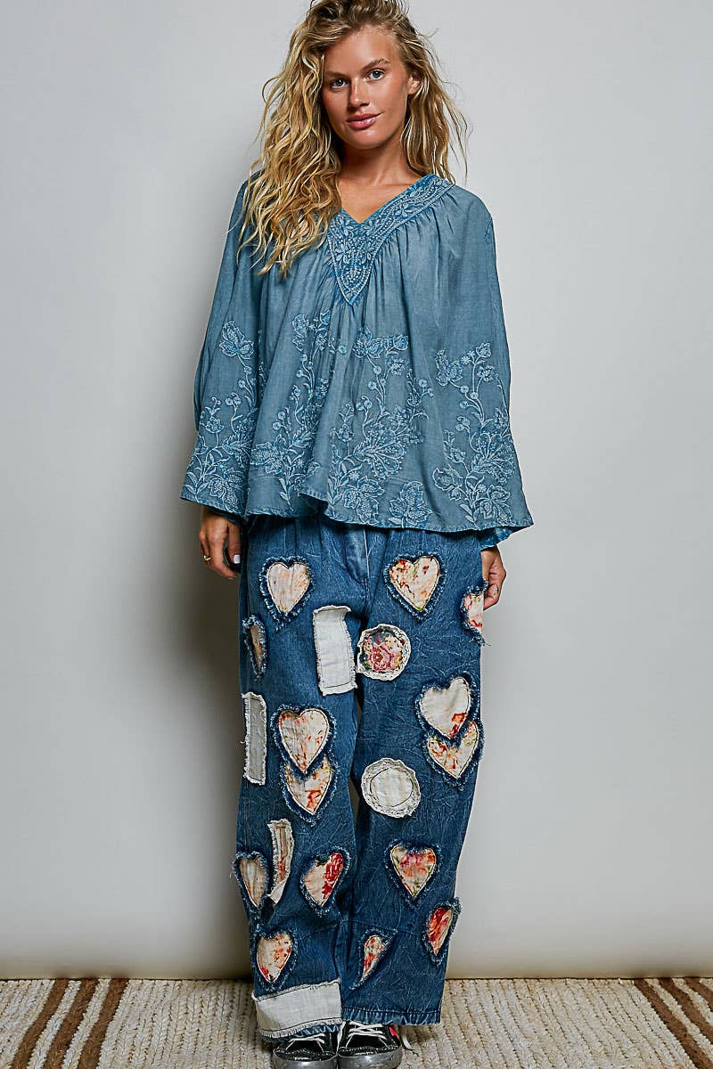 Artisanal Charm Floral Embroidered Blouse V-Neck Top ~ Blue
