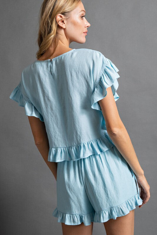 Emily Ruffled Detailing Crepe Shorts ~ Sky Blue