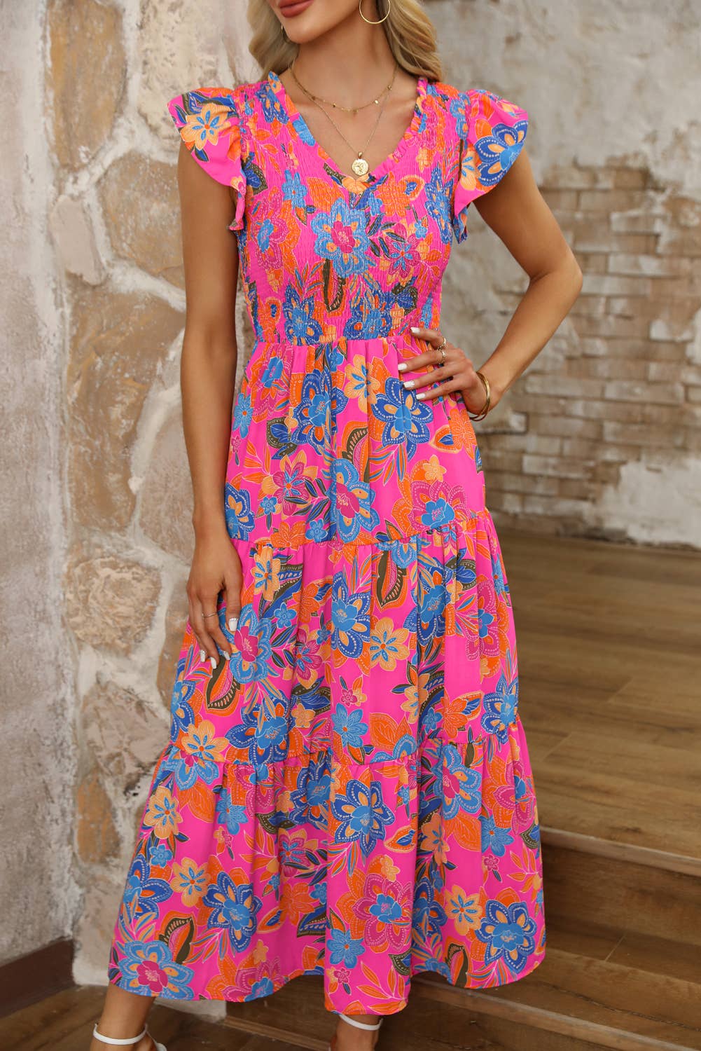 Blakely Boho Floral Ruffle Tiered Maxi Dress ~ Hot Pink