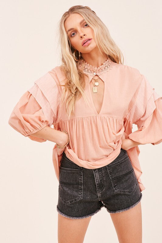 Eden Layered Ruffle Keyhole Top ~ Blush